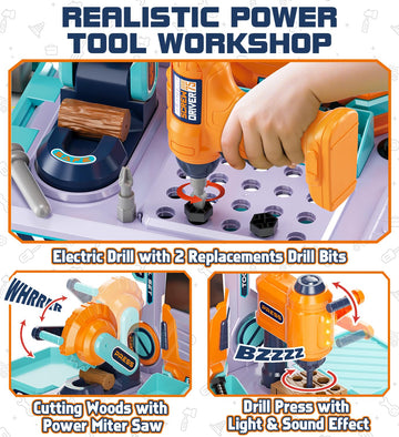 Lehoo Castle Kids Tool Bench, 32.5" Tall, Orange, Plastic, Model TT-006, Toddler Tool Set with Electric Drill, Pretend Play Toys for Ages 3-5