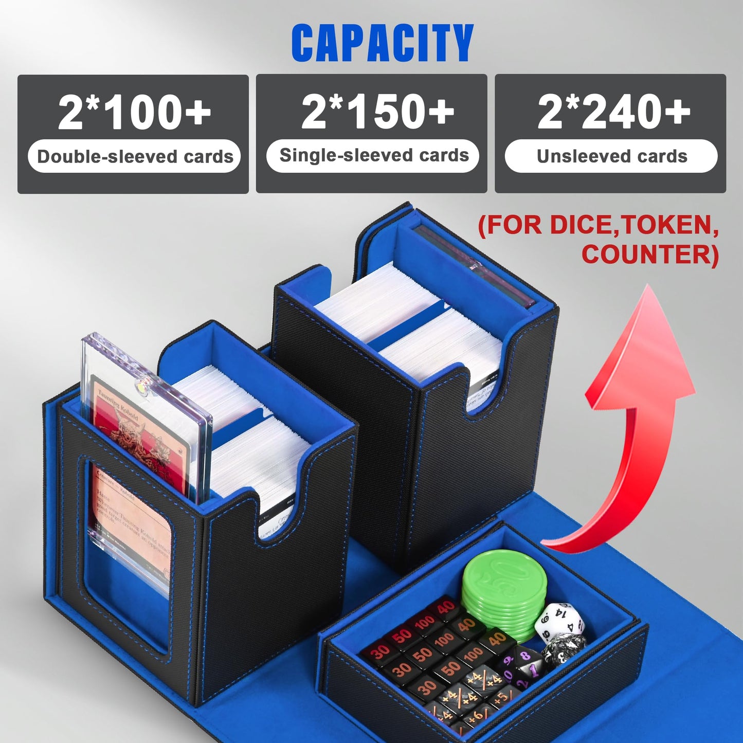 Kabinka Deck Box for MTG with Commander Display  3 in 1 Trading Card Storage Box Fit 200 Double-sleeved Cards  Removable Deck Case for TCG/Sports Cards with 2 Magnetic Card Holders (Black Blue)