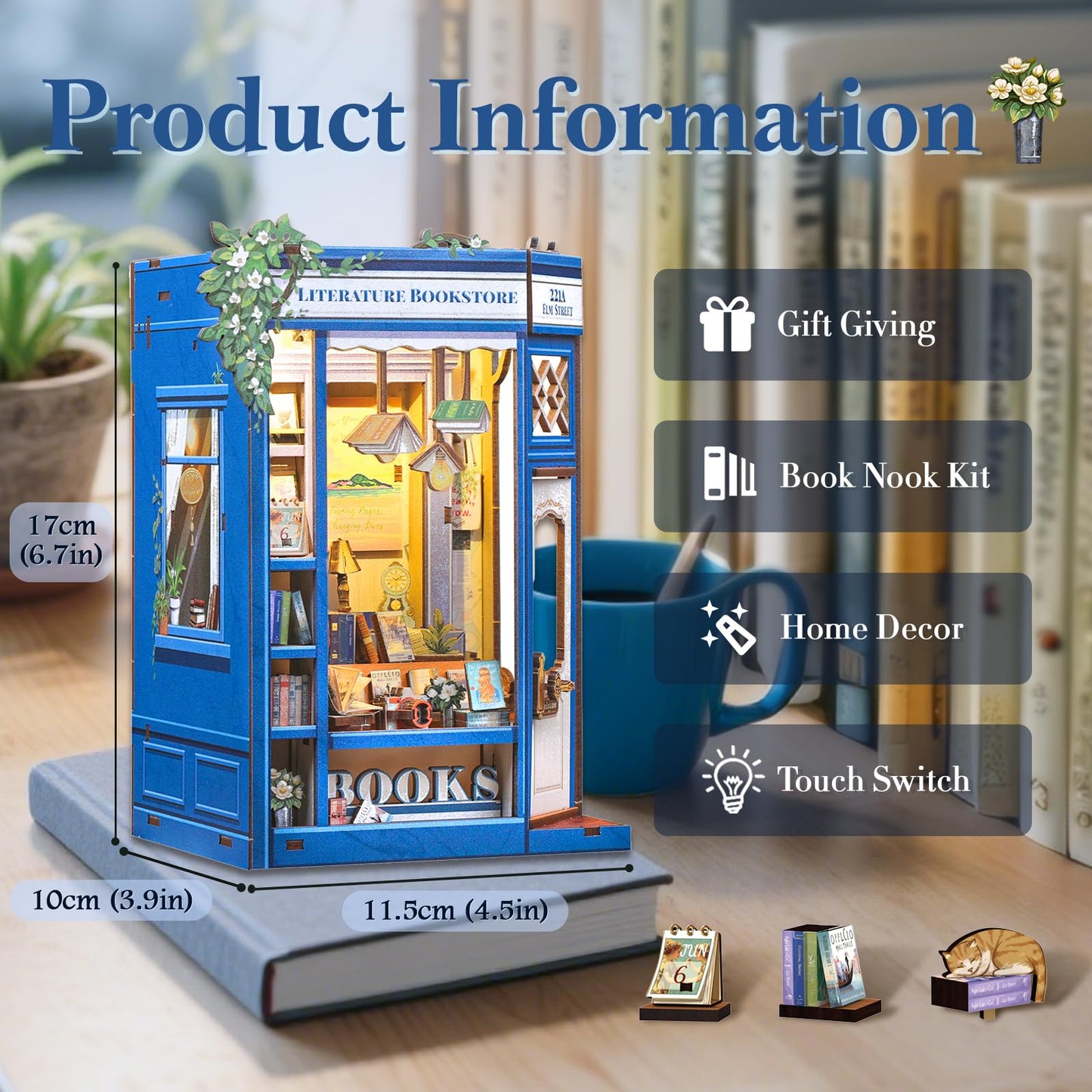 Fsolis Book Nook Kit - DIY Miniature Dollhouse Kit 3D Puzzles for mature-themed Tiny House Mini Booknook Craft Bookshelf Decor  186 Wooden Pieces  Gifts for Women Teenagers Book Lovers (Literature Bookstore)