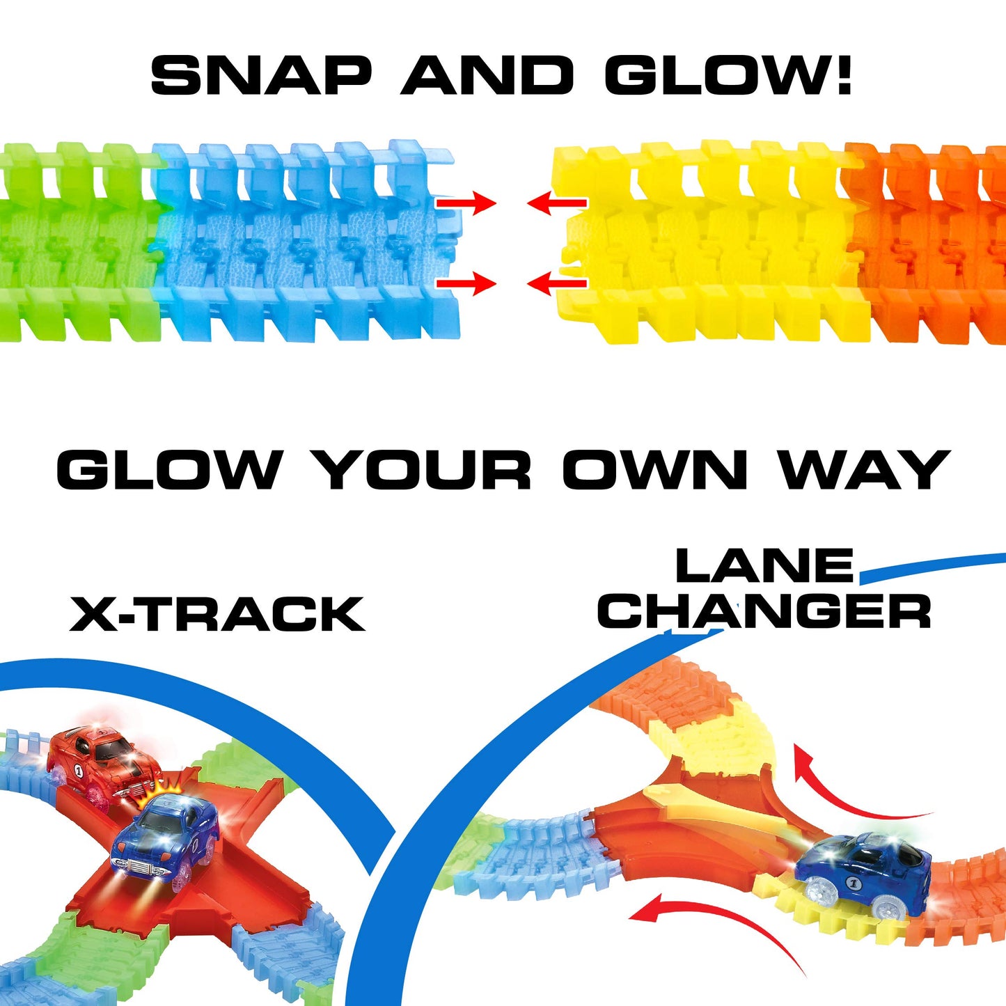 USA Toyz Glow Trax Race Track Set - 380pc Glow in The Dark, Large, Plastic, CF1302, Includes 2 LED Cars, 2 Bridges, STEM Toys for Kids