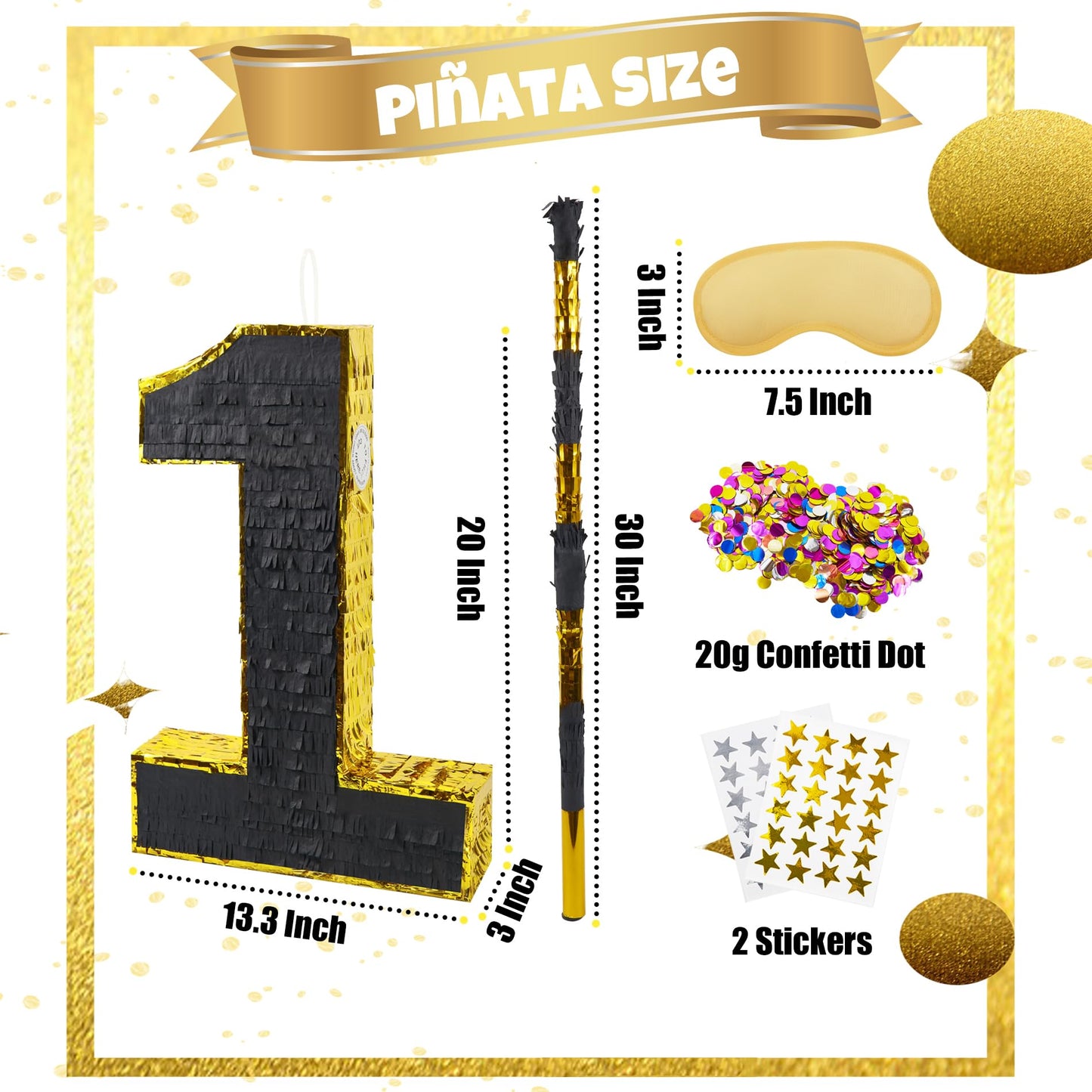 PCFING 20 Inch Number 1 Piata Gold Black with 30 Inch Piata Stick Blindfold Confetti for Man Women Kids Birthday Party Decoratio