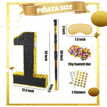 PCFING 20 Inch Number 1 Piata Gold Black with 30 Inch Piata Stick Blindfold Confetti for Man Women Kids Birthday Party Decoratio