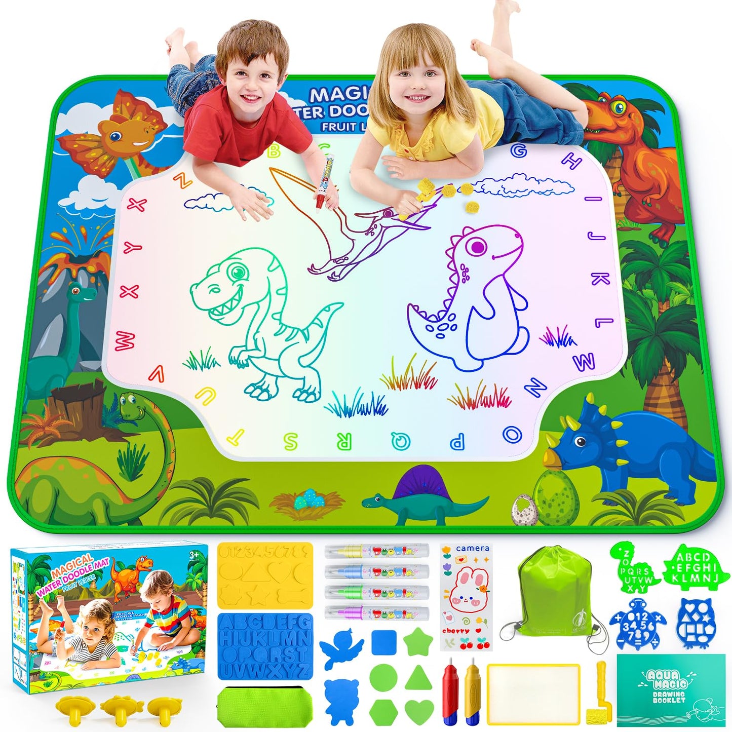 Water Doodle Mat for Kids 32x40 Inch, Reusable Coloring Mat Educational Toy for 3 4 5 6 7 8 Years Old Girls & Boys, Neon Color M