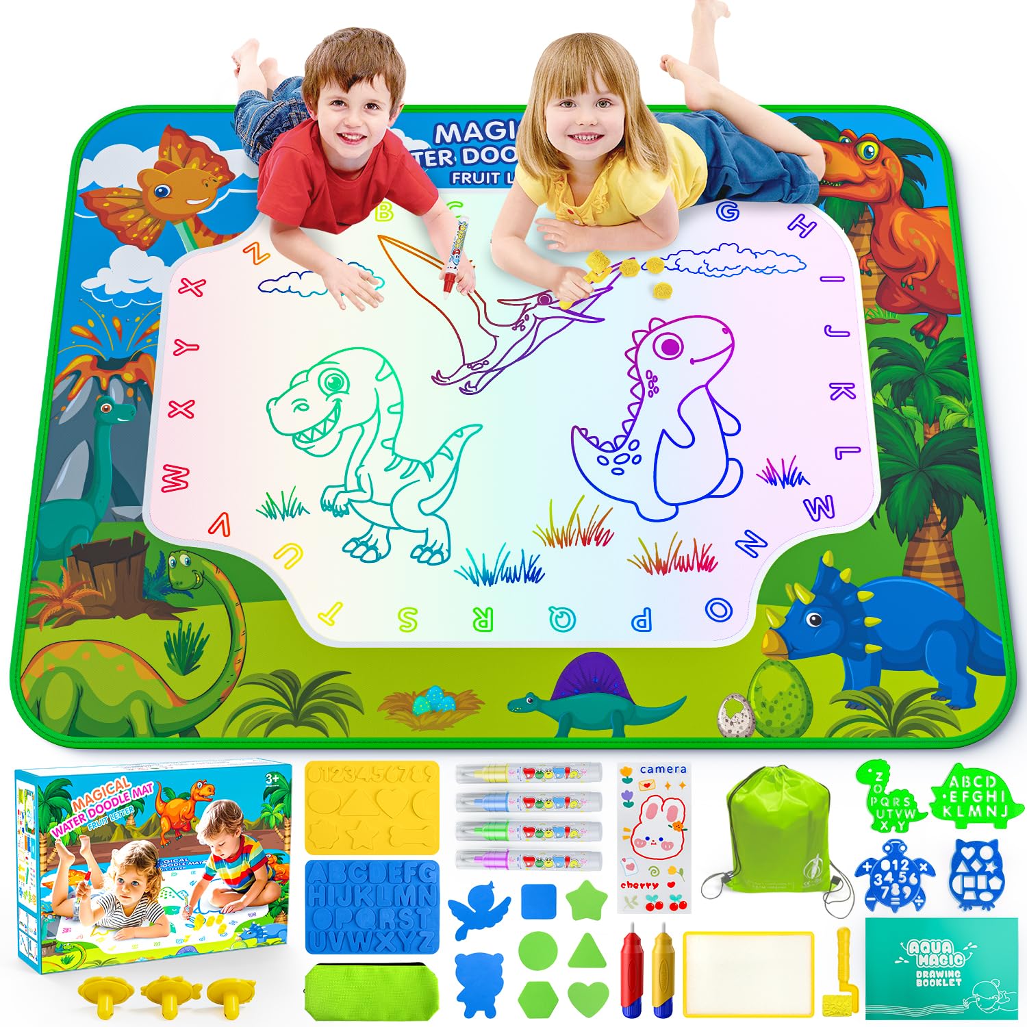 Water Doodle Mat for Kids 32x40 Inch, Reusable Coloring Mat Educational Toy for 3 4 5 6 7 8 Years Old Girls & Boys, Neon Color M