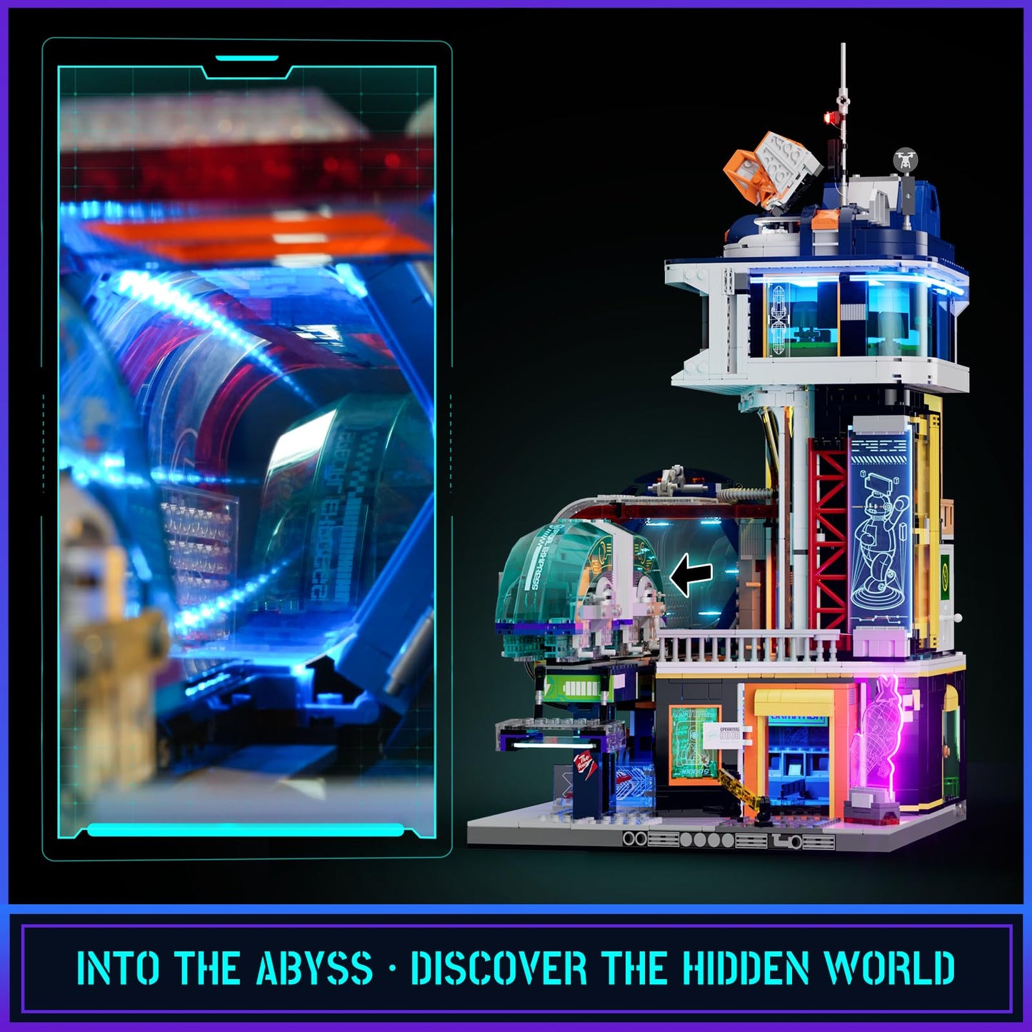 Lumibricks Cyberpunk Floating Train Station Set - 2760 Pcs LED Light Model L9098-EU, Neon Colors, Plastic, Medium Size for Sci-fi Lovers