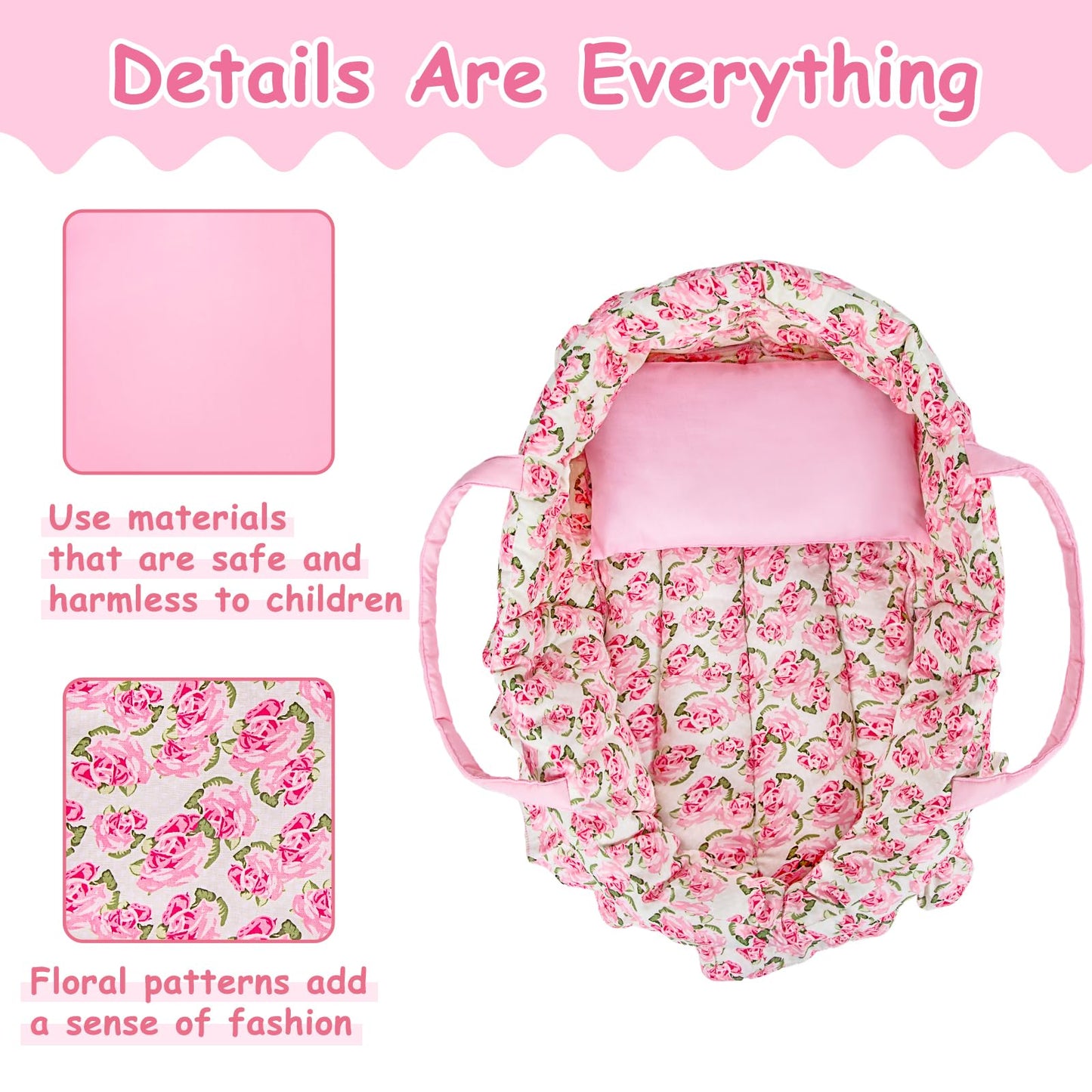 Rakki Dolli Doll Carry Cot Set, Sweet Dreams Soft Bassinet Doll Carrier Includes 1 Cot And 1 Pillow, Pink Flower Doll Bassinet,