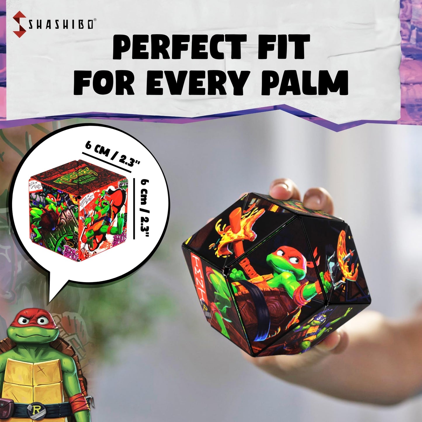 Shashibo Ninja Turtles Shape Shifting Box - Award-Winning, Patented Fidget Box W/ 36 Rare Earth Magnets - Transforms Into Over 70 Shapes (Raphael Series 1)