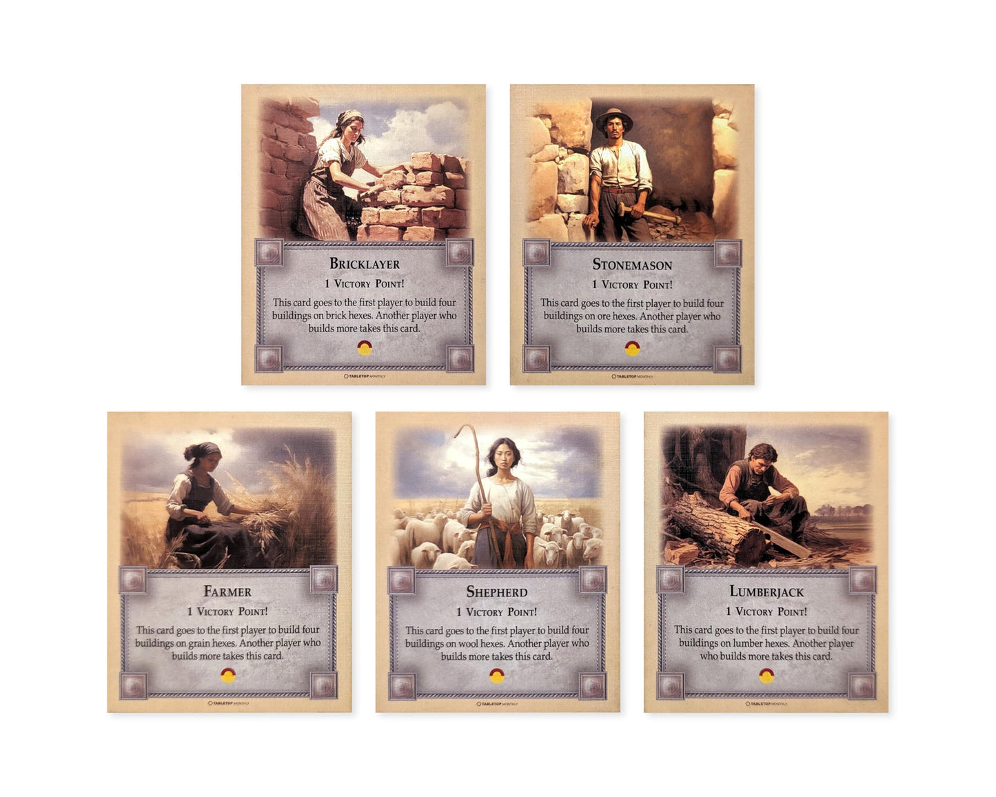 Tabletop Monthly Professions Victory Point Cards With Bricklayer, Stonemason, Farmer, Shepherd And Lumberjack, Compatible With C