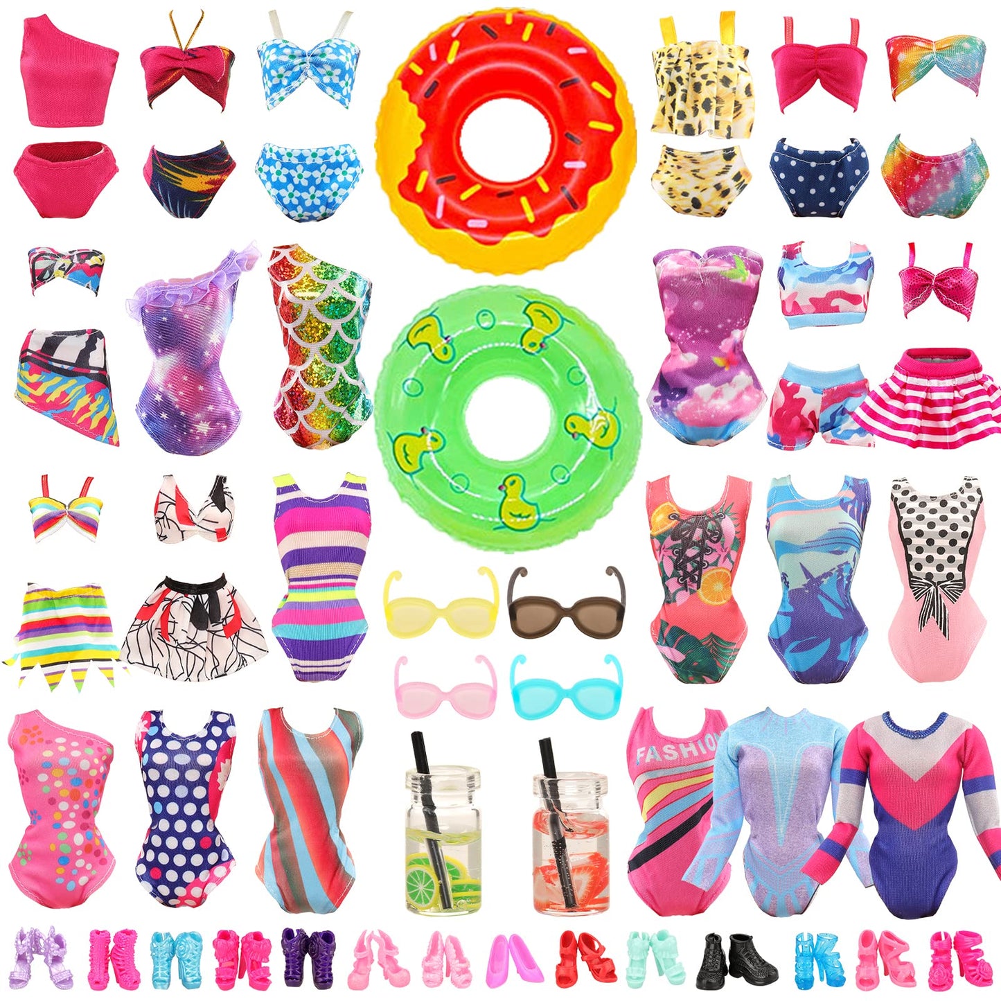 Barwa 18 Pcs Summer Doll Clothes And Accessories Including 5 Sets Swimsuits Beach Bathing Bikini With 2 Swimming Rings 2 Drinks