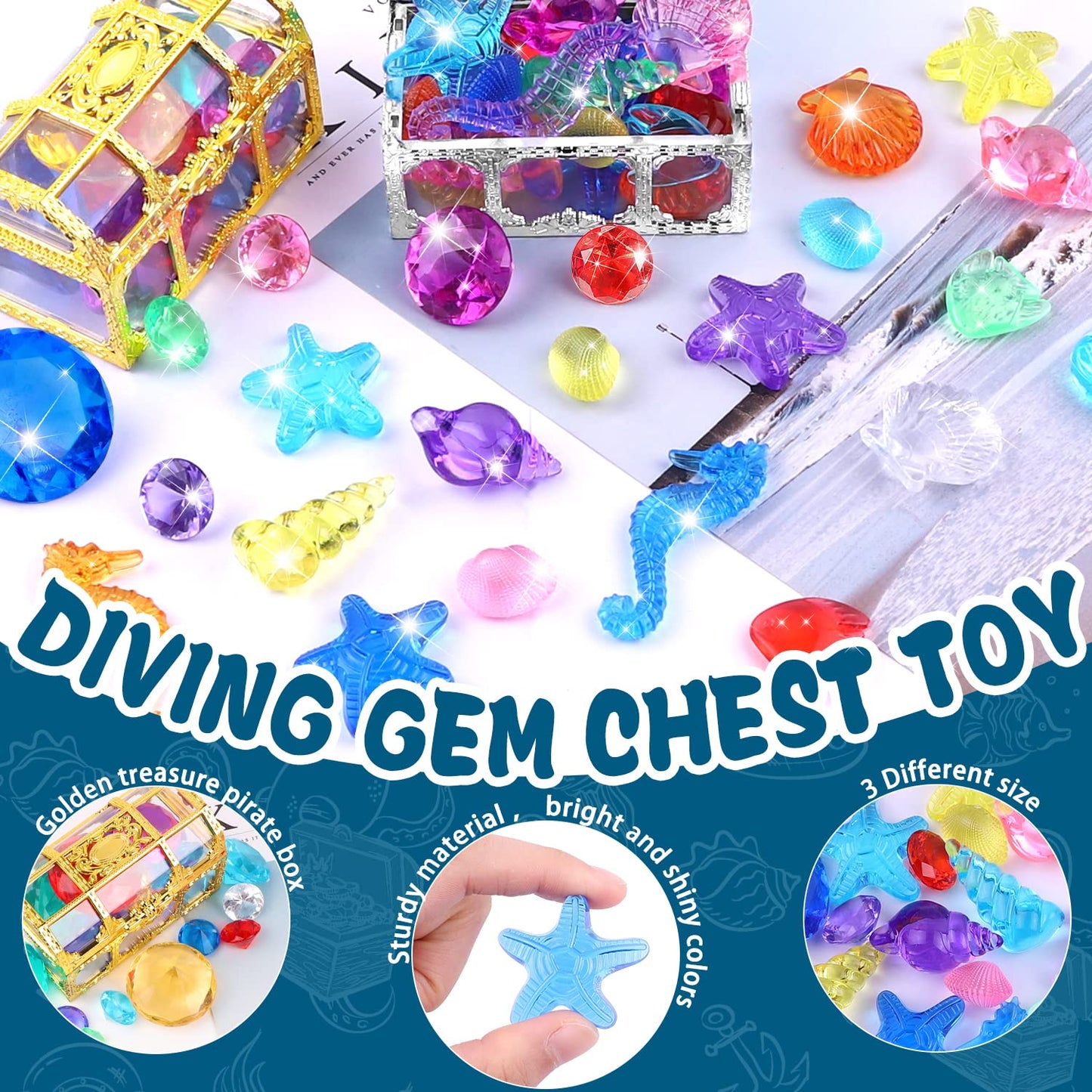 YUJUN 30 Pieces Colorful Diving Gem Pool Toys Big Diamond Ocean Animals Gem with Treasure Pirate Chest Box Summer Underwater Acrylic Gemstones Set for Kids Swimming Pool Party Favors