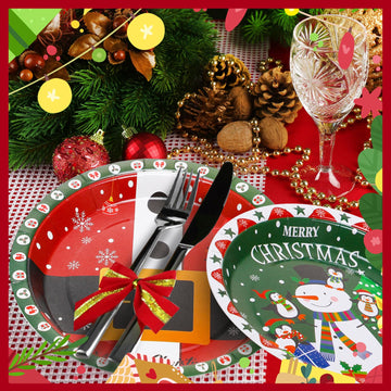 Sliner 120 Pcs Christmas Paper Plates 9 Inch Christmas Disposable Plates Xmas Paper Dessert Plates Santa Belt Elk Snowman Decora