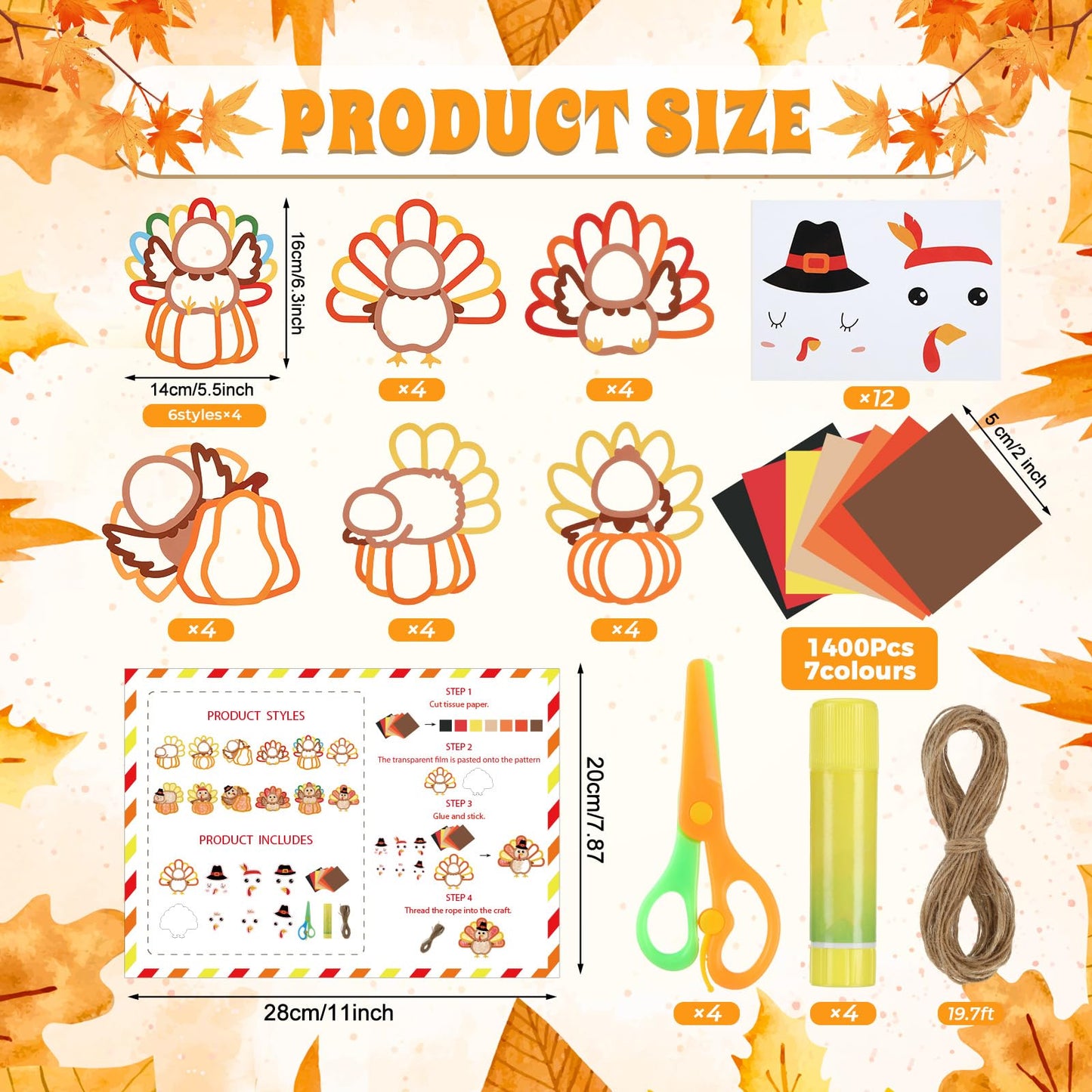 Motipuns 24 Sets Thanksgiving Turkey Ornaments Crafts Turkey Paper Suncatchers Thanksgiving Fall DIY Kit Pumpkin Crafts Decorati