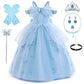 Grivos Princess Dress For Girls Blue Costume Cosplay Fancy Halloween Christmas Party 4-10Y