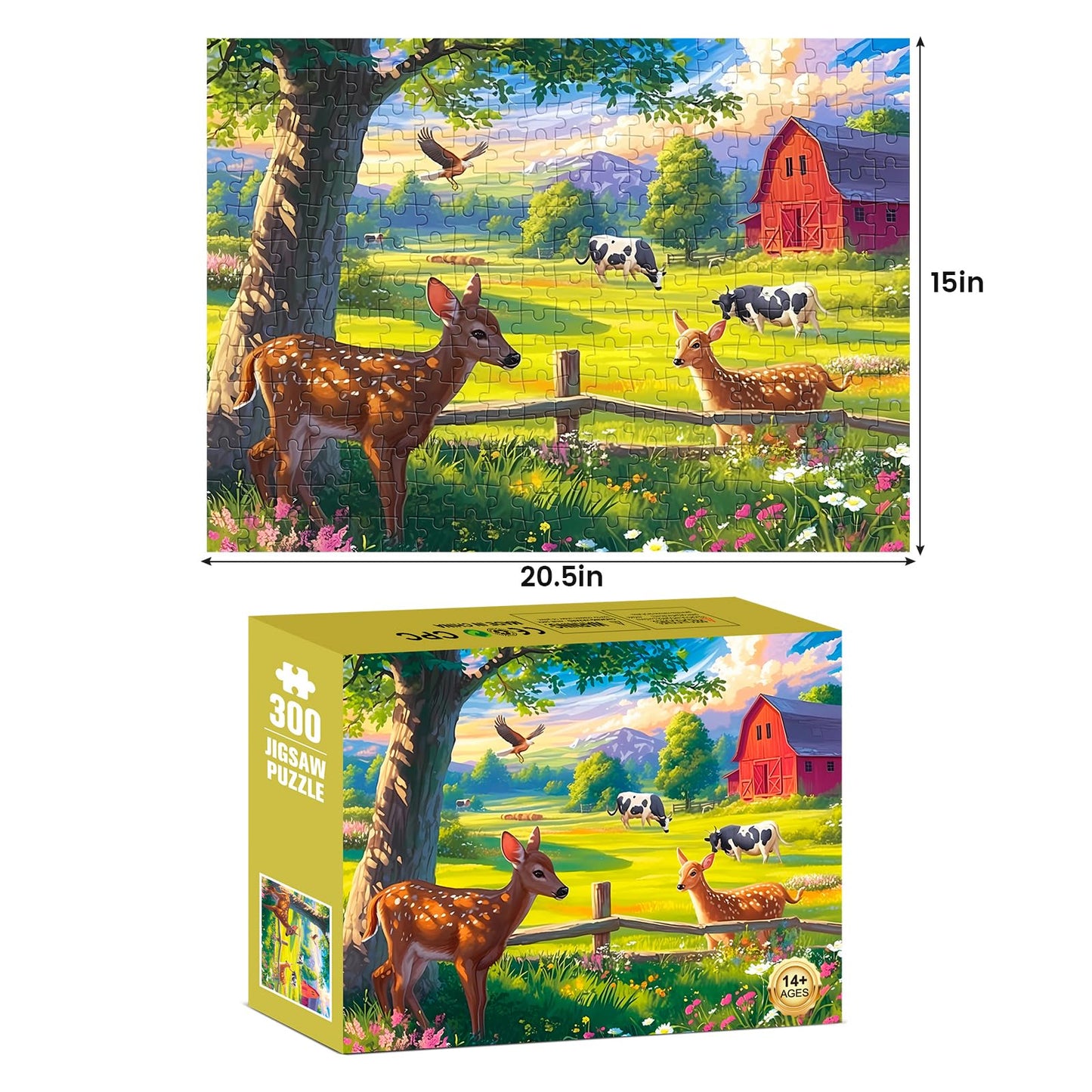 300 Pieces Puzzles for mature-themed Jigsaw Puzzle 300 Piece Children Elderly Puzzle Deer Cow Farm Puzzle Gift for Mom Dad Family Friend Family Activity Games Home Decor Wall Art 20.5x15IN