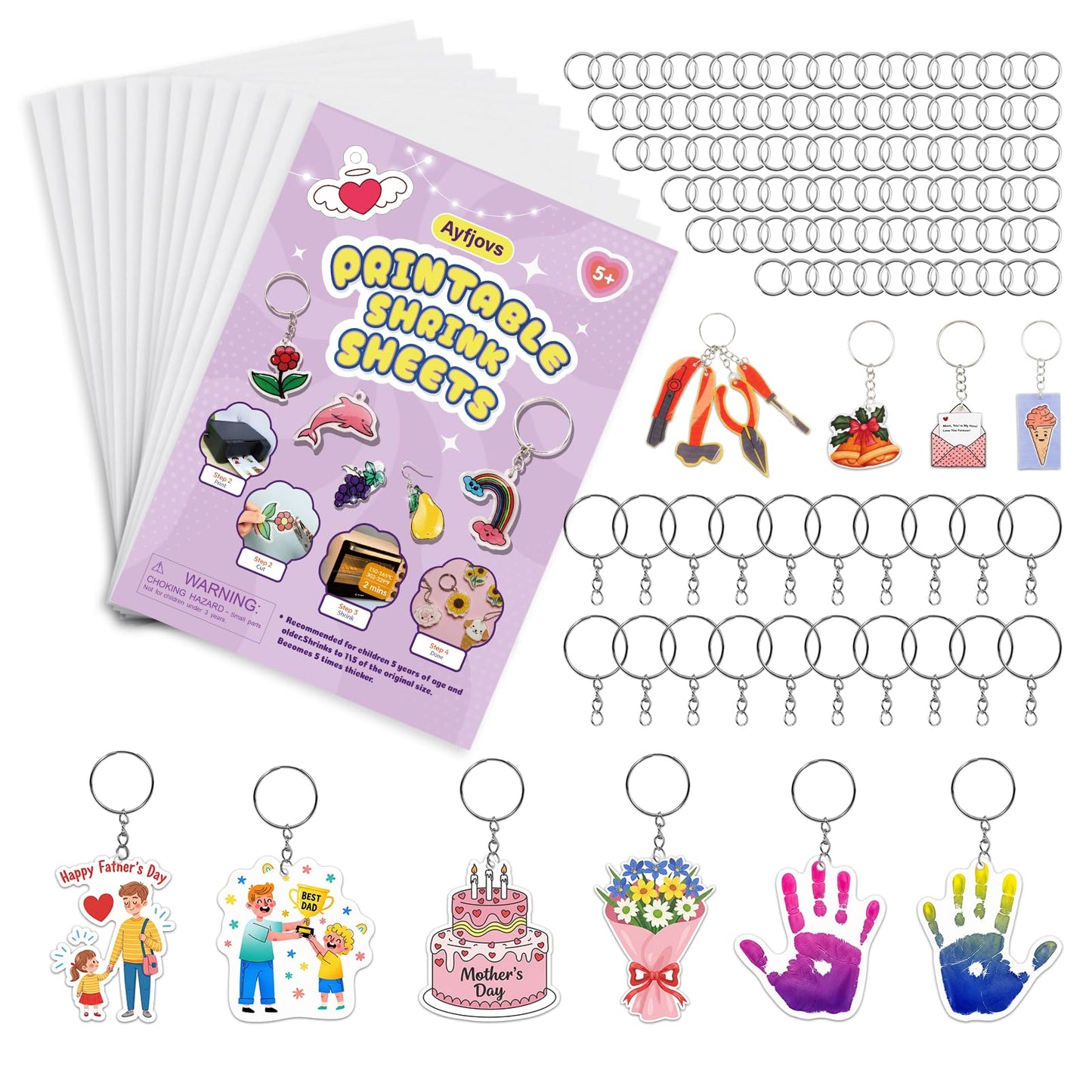 Ayfjovs 132 PCS Printable Shrink Paper Keychain Kit, Includes 12 Sheets White Printable Shrink Papers, 100 Jump Rings, 20 Key Ri