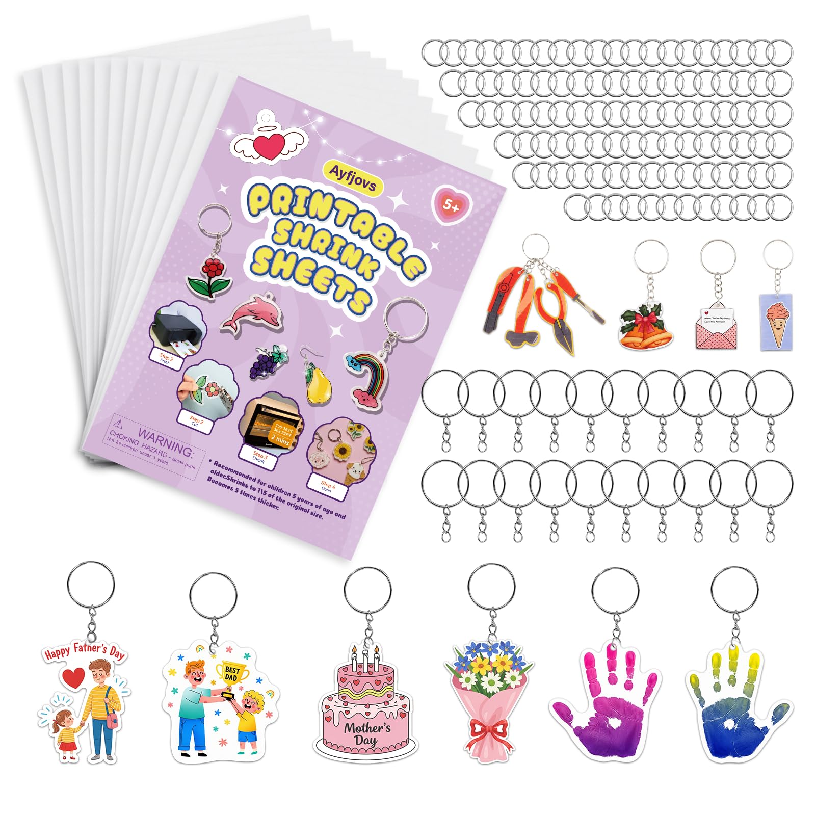 Ayfjovs 132 PCS Printable Shrink Paper Keychain Kit, Includes 12 Sheets White Printable Shrink Papers, 100 Jump Rings, 20 Key Ri