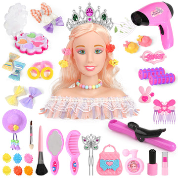 Everideals 39PCS Hair Styling Doll Head Makeup Kit for Girls,Pretend Play Hair Styling Set,with Hairdryer Curling Iron Crown Hai