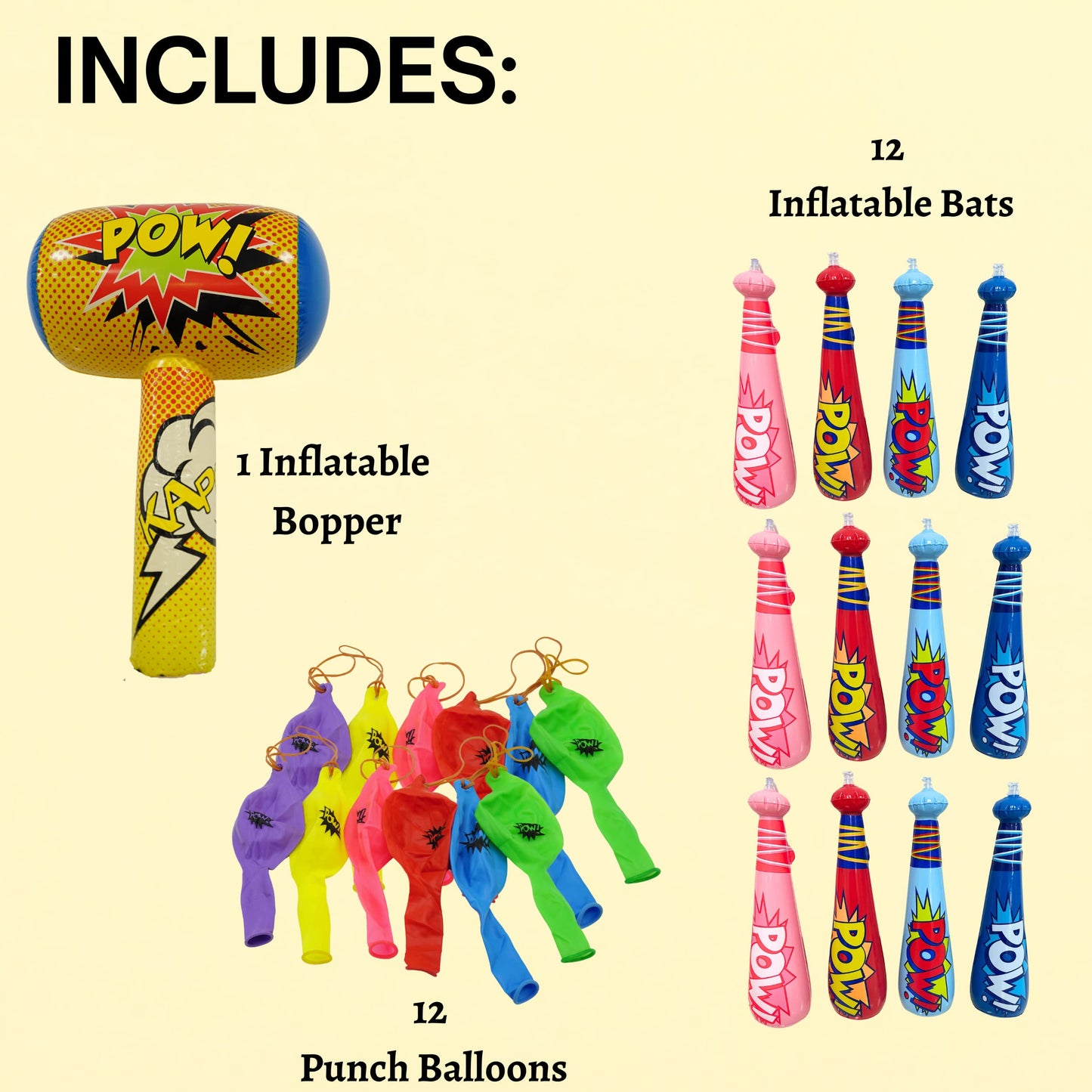 25 Pc Set, 12 Oversized 20 Pow Inflatable Baseball Bats, 12 Punch Balloon, 1 Huge 30 Bopper - for Superhero Theme Birthday Par