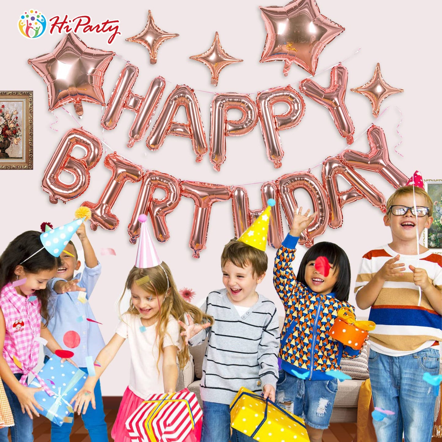 23Pcs Birthday Balloons Banner, 3D Rose Gold Mylar Foil Letter Happy Birthday Banner With 5Pcs Star Balloons Kits For Kids Girls