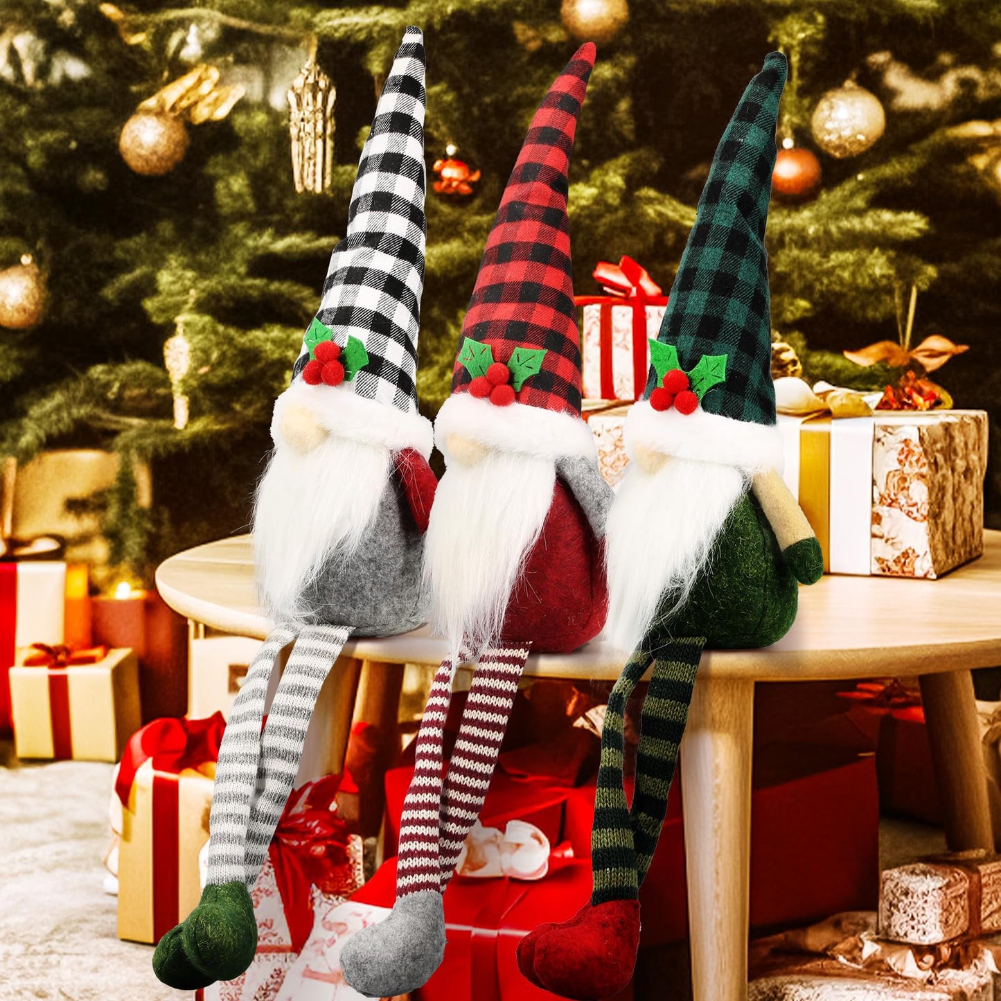 Teeker 3Pcs Christmas Gnomes Plush - Handmade Xmas Gnomes Santa Scandinavian Tomte Ornaments - Buffalo Check Plaid Christmas Gno