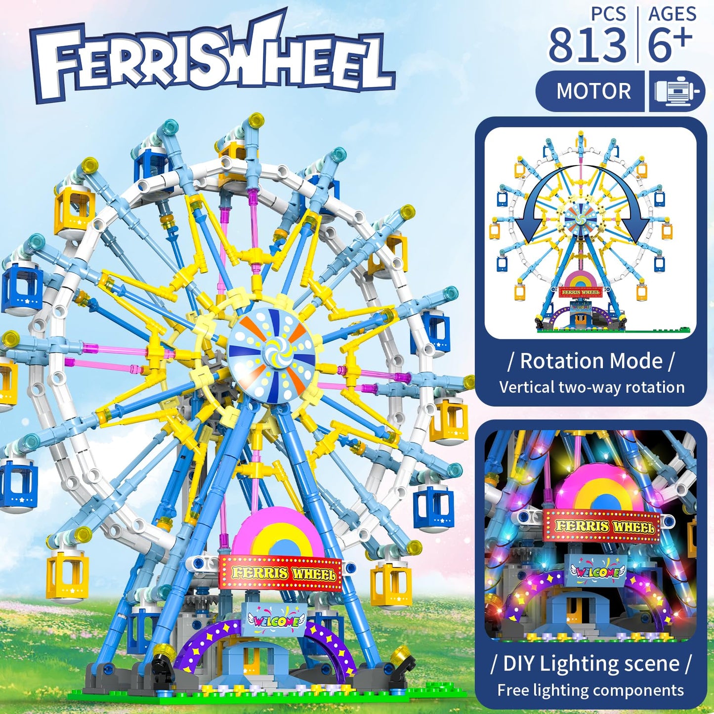 2024 Newly Upgrade Ferris Wheel Building Set With Fairy Light, Two-Way Rotating Ferris Wheel Building Blocks Set Of 813 Pcs, Amu