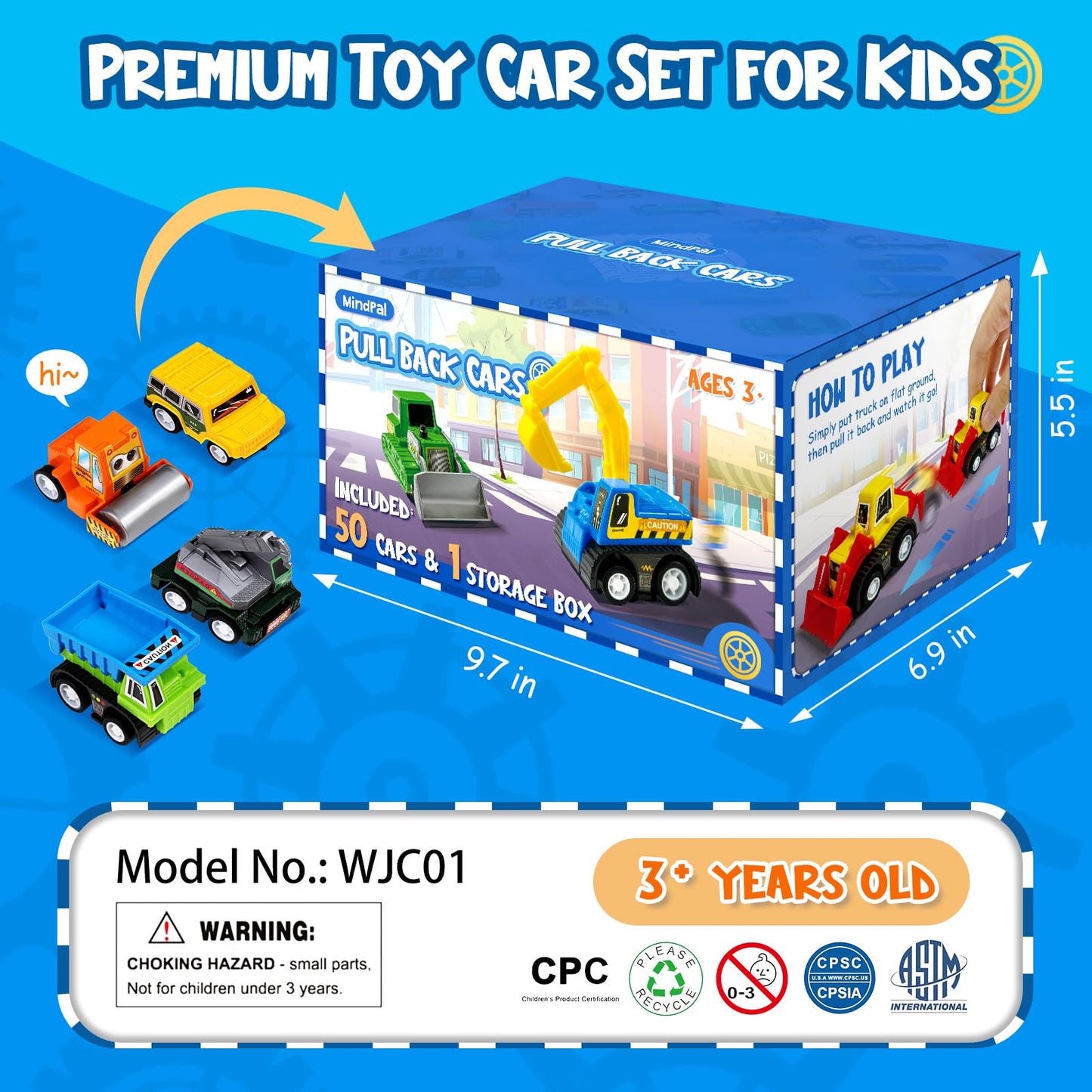 Mindpal 50 Pcs Toy Cars With Large Plastic Organizer, Pull Back Cars For Kids, Cars For Kids Ages 3-5, Birthday And Party Decora