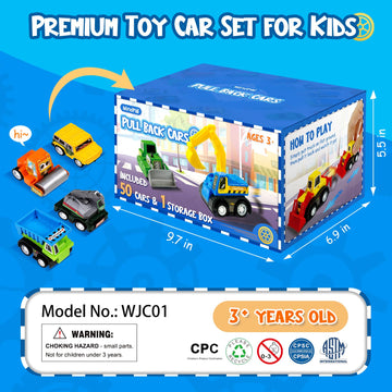 Mindpal 50 Pcs Toy Cars With Large Plastic Organizer, Pull Back Cars For Kids, Cars For Kids Ages 3-5, Birthday And Party Decora