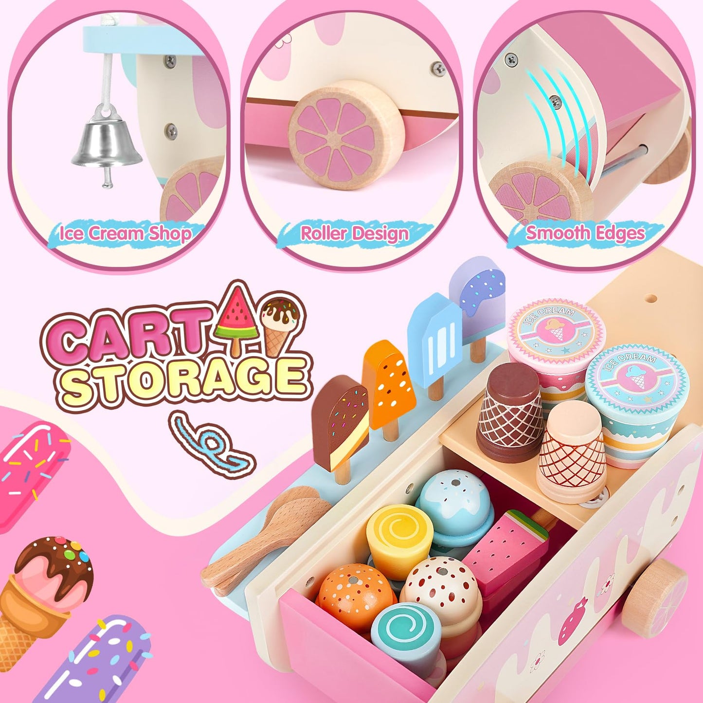 Dreamon Wooden Ice Cream Toys For Kids Toddlers, 48 Pcs Ice Cream Cart Play Kitchen Accessories With Menu, Pretend Money, Wooden