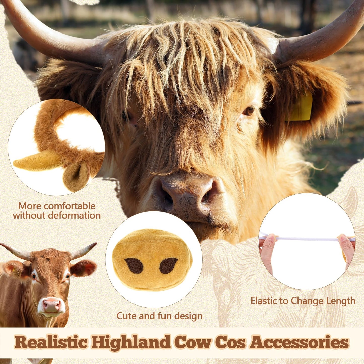 Janinka 5pcs Halloween Highland Cow Costume Set for Girls Women Brown Cow Ears Horns Headband Bowtie Tail Tutu Skirt Animal Fanc