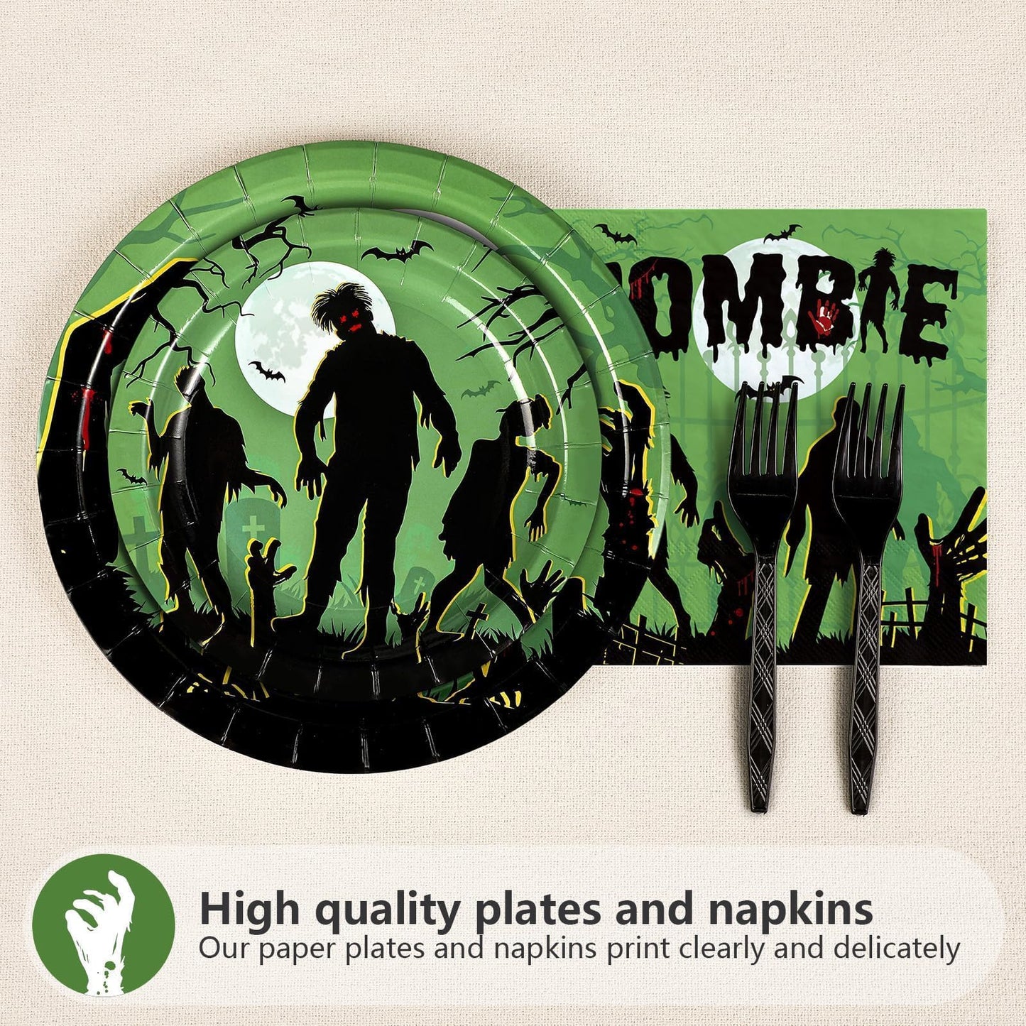 Grencian 96Pcs Halloween Zombie Party Supplies Green Spooky Zombie Plates and Napkins Horror Themed Tableware Sets for Halloween