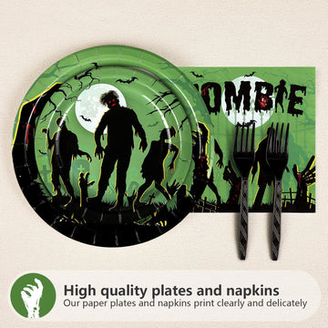 Grencian 96Pcs Halloween Zombie Party Supplies Green Spooky Zombie Plates and Napkins Horror Themed Tableware Sets for Halloween