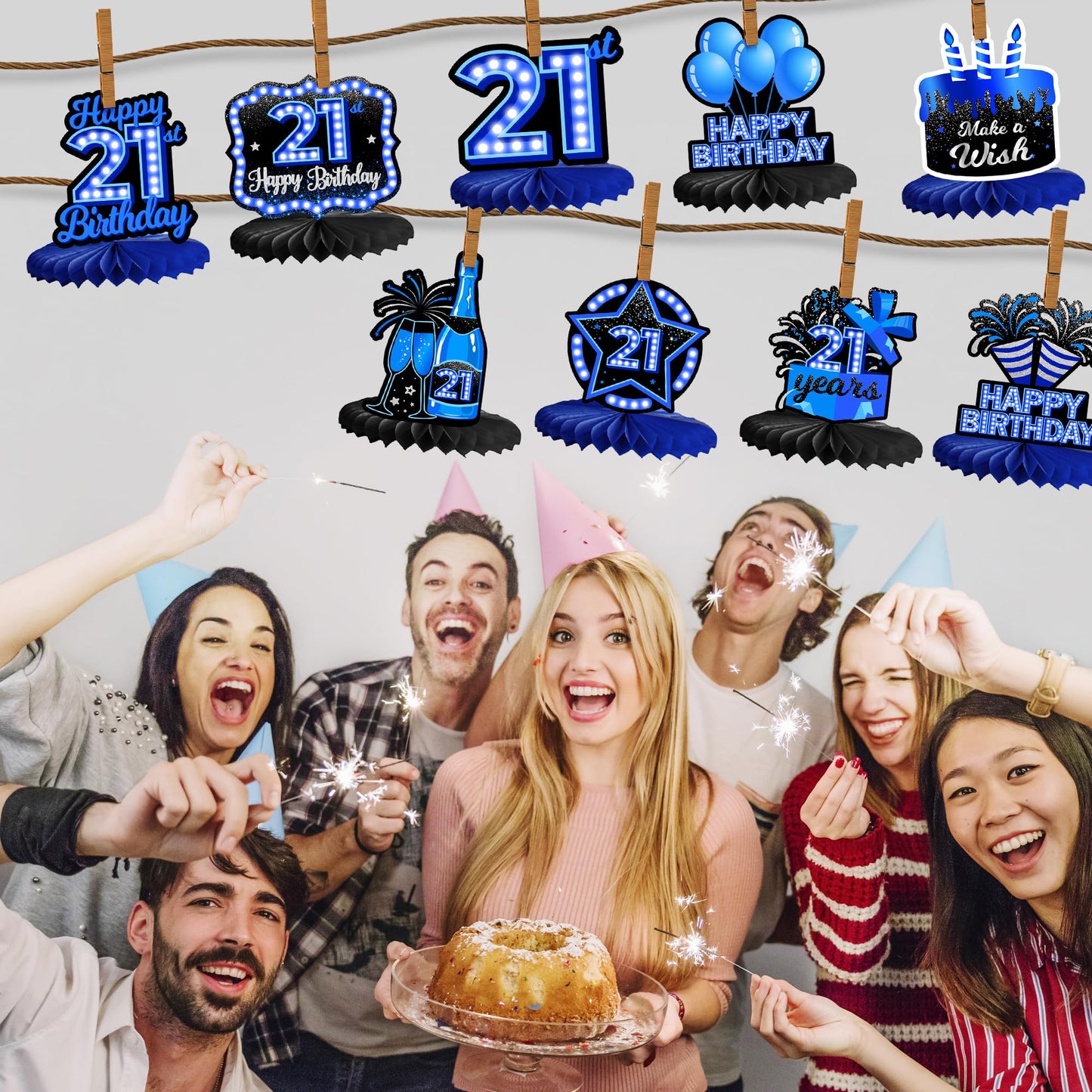 Happy 21st Birthday Honeycomb Centerpieces 9Pcs Stylish Sophisticated Blue Neon Theme Table Decor for Boys Girls Birthday Party