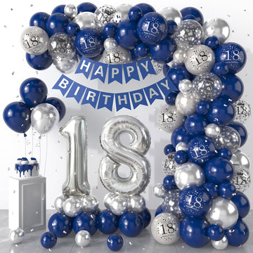 18Th Birthday Decorations Navy Blue Silver,18Th Birthday Balloon Garland Party Decorations With Number 18 Foil Balloons,Happy Bi