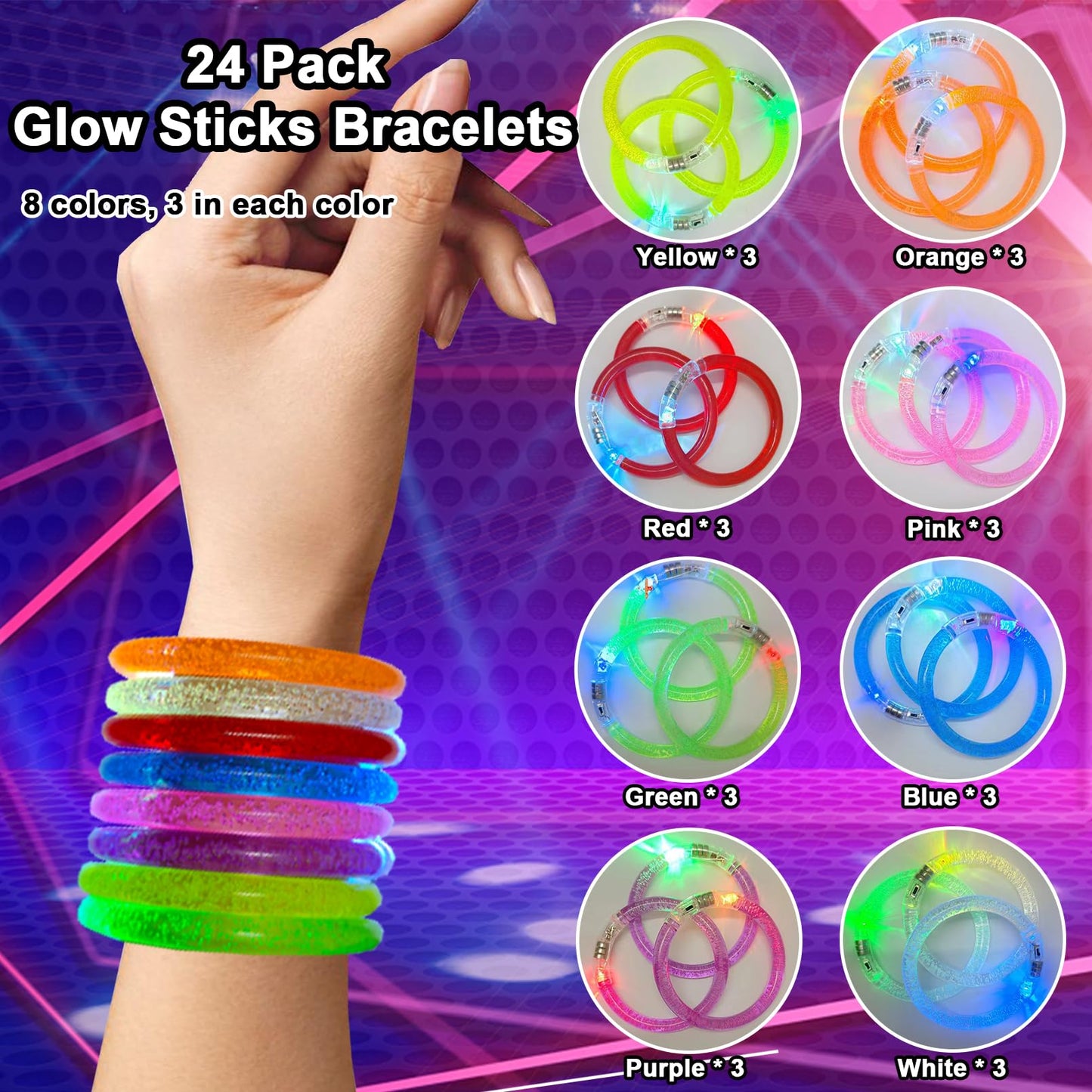 ailixinda 24 Pack Glow In The Dark LED Bracelets,Light Up Bracelets Glow Sticks,Birthday Carnival Neon Party Supplies for Kids A