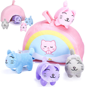 PixieCrush Set of 5 Mini Cat Stuffed - Plush Kittens with Rainbow Bag - Baby Kitten Stuffed Toys - Soft Kitty Toys - Ideal for D