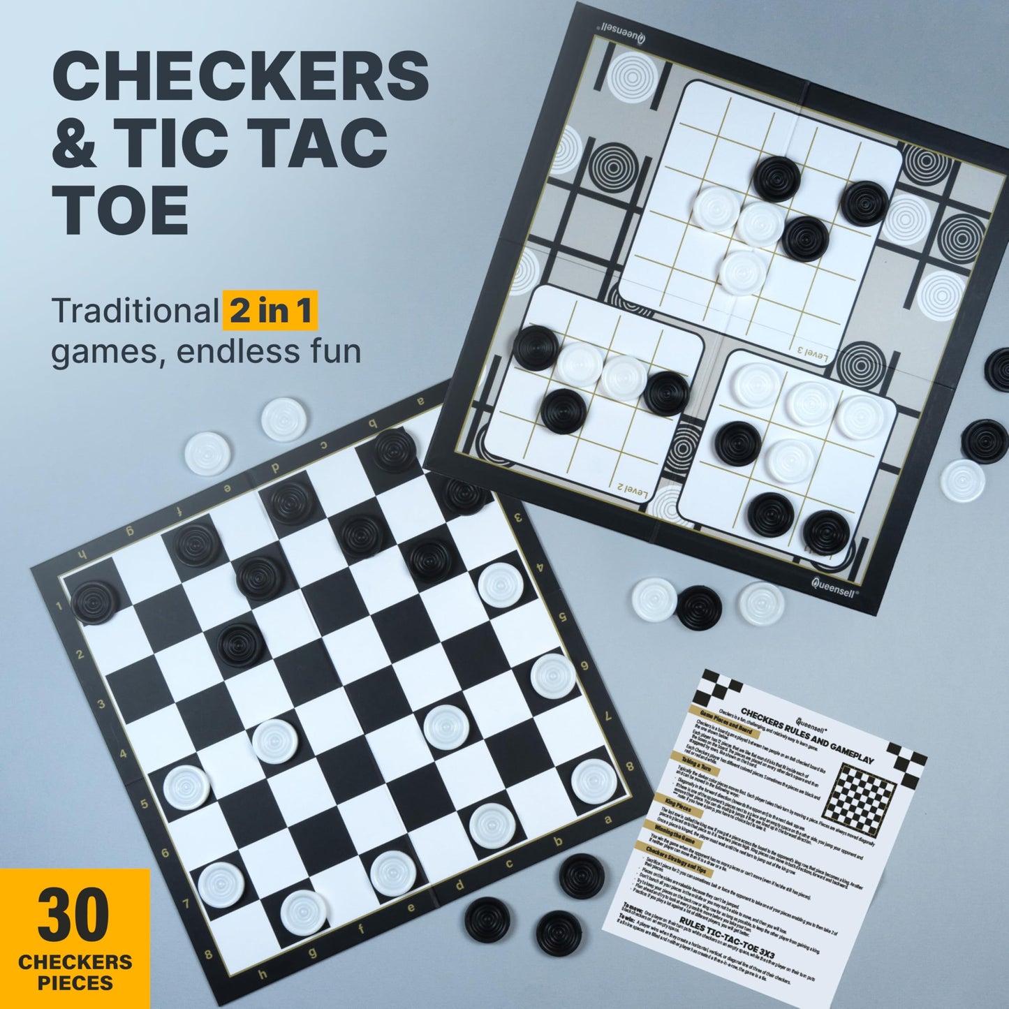 Queensell Checkers Board Game - Classic Plastic Game with 30 Pieces, 7.9 x 7.9 inches
