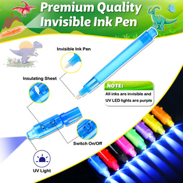 Giftinbox Invisible Ink Pens With Uv Light For Kids, Spy Pen Dinosaur Party Favors For Kids, 24Pack Invisible Ink Pen And Notebook, Uv Pen For Secret Message Escape Room Birthday Party Favors For Kids