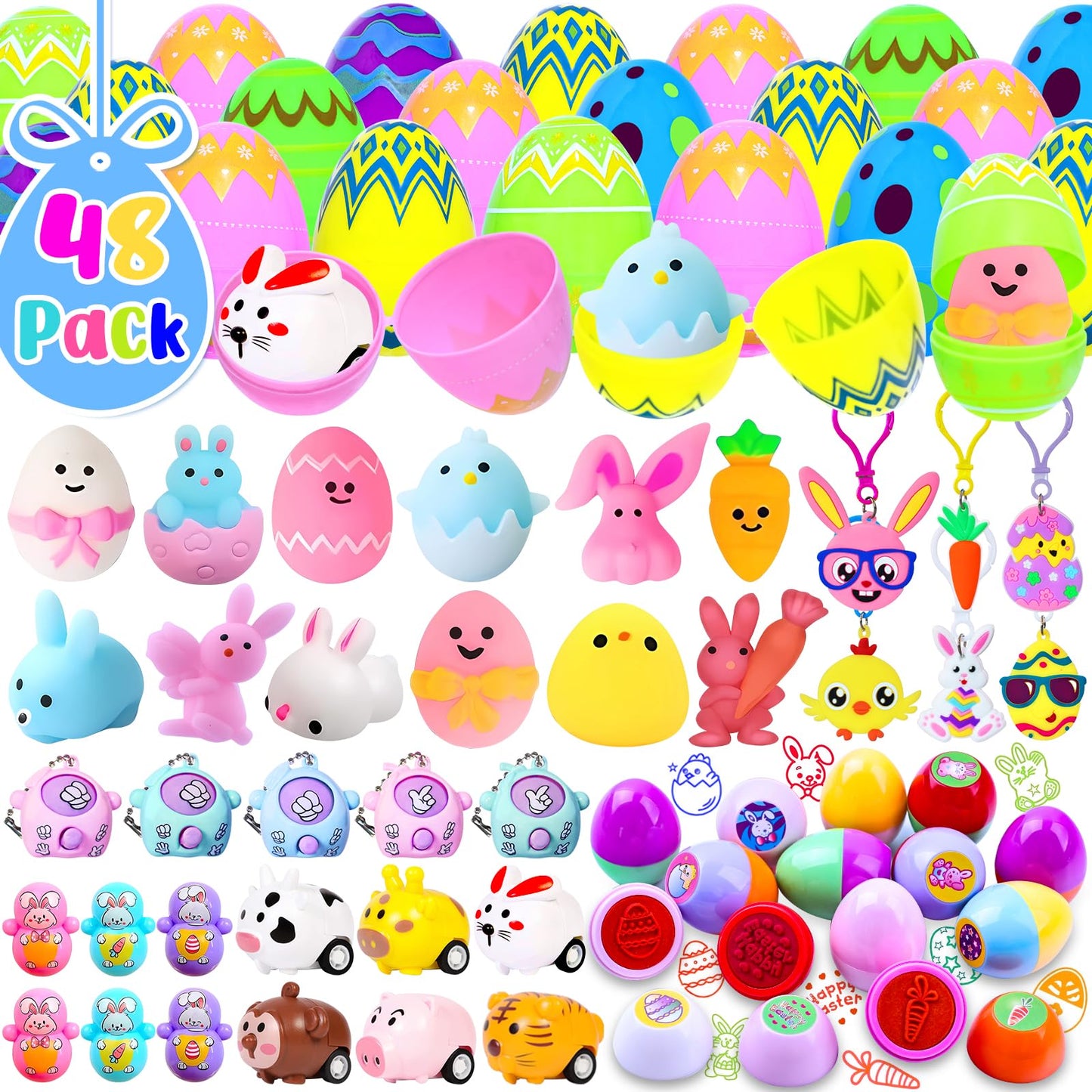 48 Pack Easter Egg Fillers,Easter Basket Stuffers With Assorted Easter Squishies And Stampers,Easter Party Favors,Easter Egg Hun