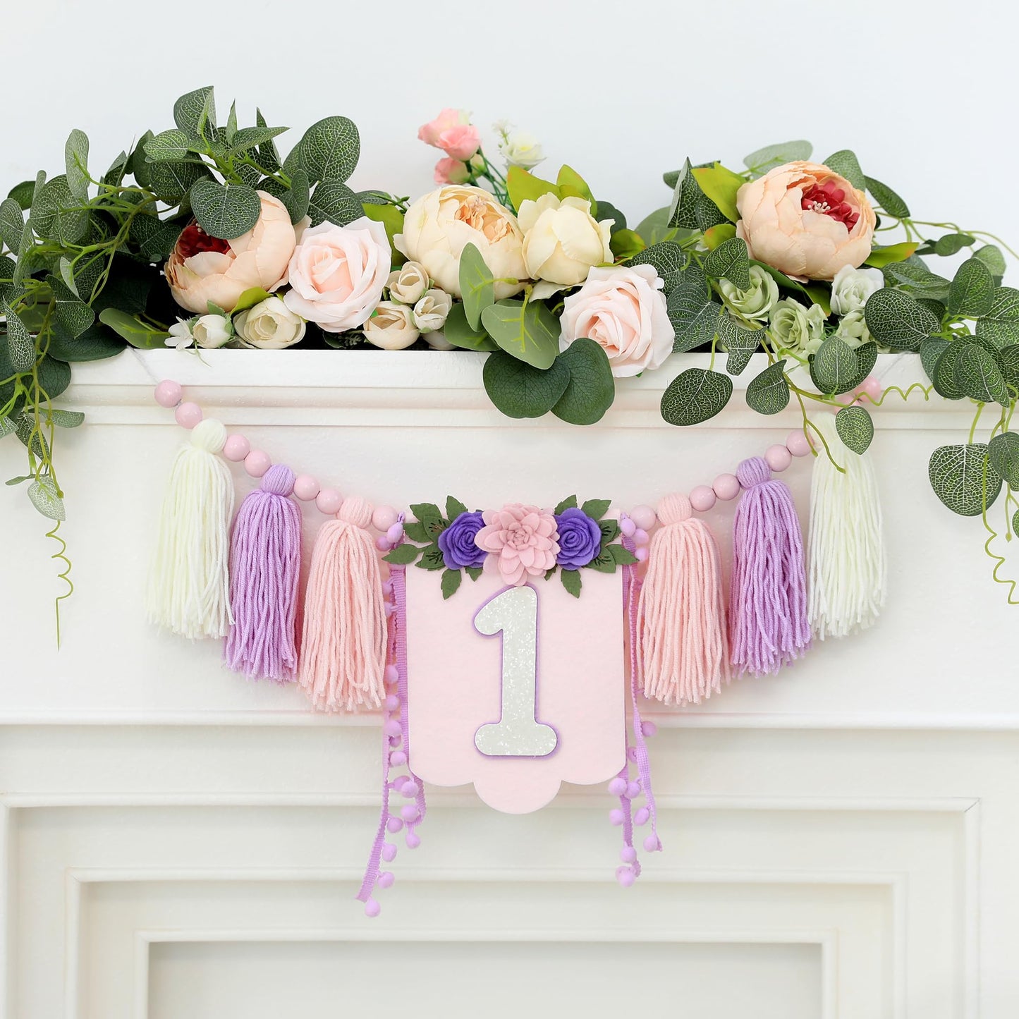 HODIHIWI Handmade Wildflower 1st Birthday High Chair Banner Purple Pink Floral Theme Party Decoration For Girls Wall Hangings De