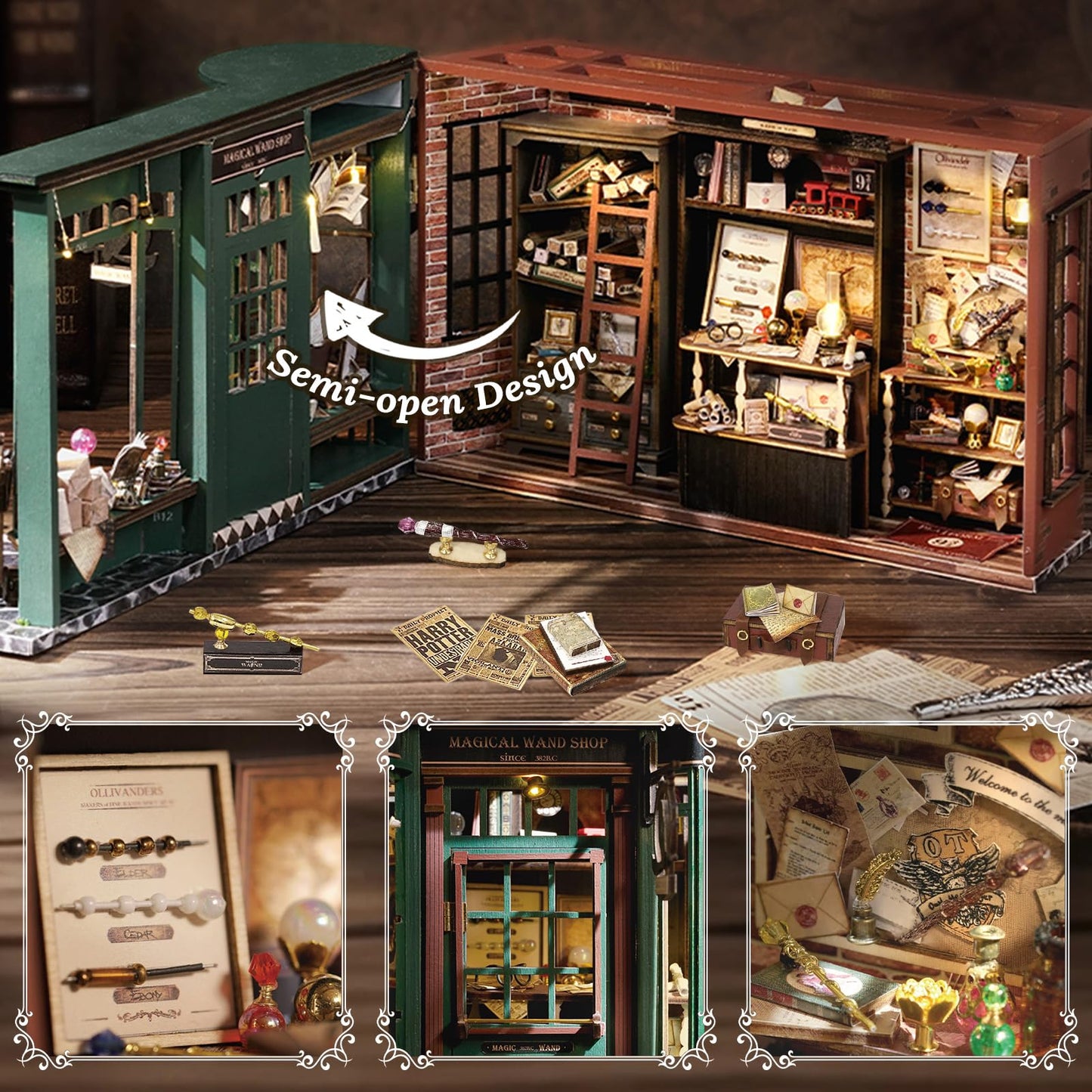 Fsolis DIY Miniature Dollhouse Kit for mature-themeds - Tiny House Mini Bookshelf Scene Kit 3D Wooden Puzzles Gifts for Women Teenagers Craft Lovers (Magic Wand)