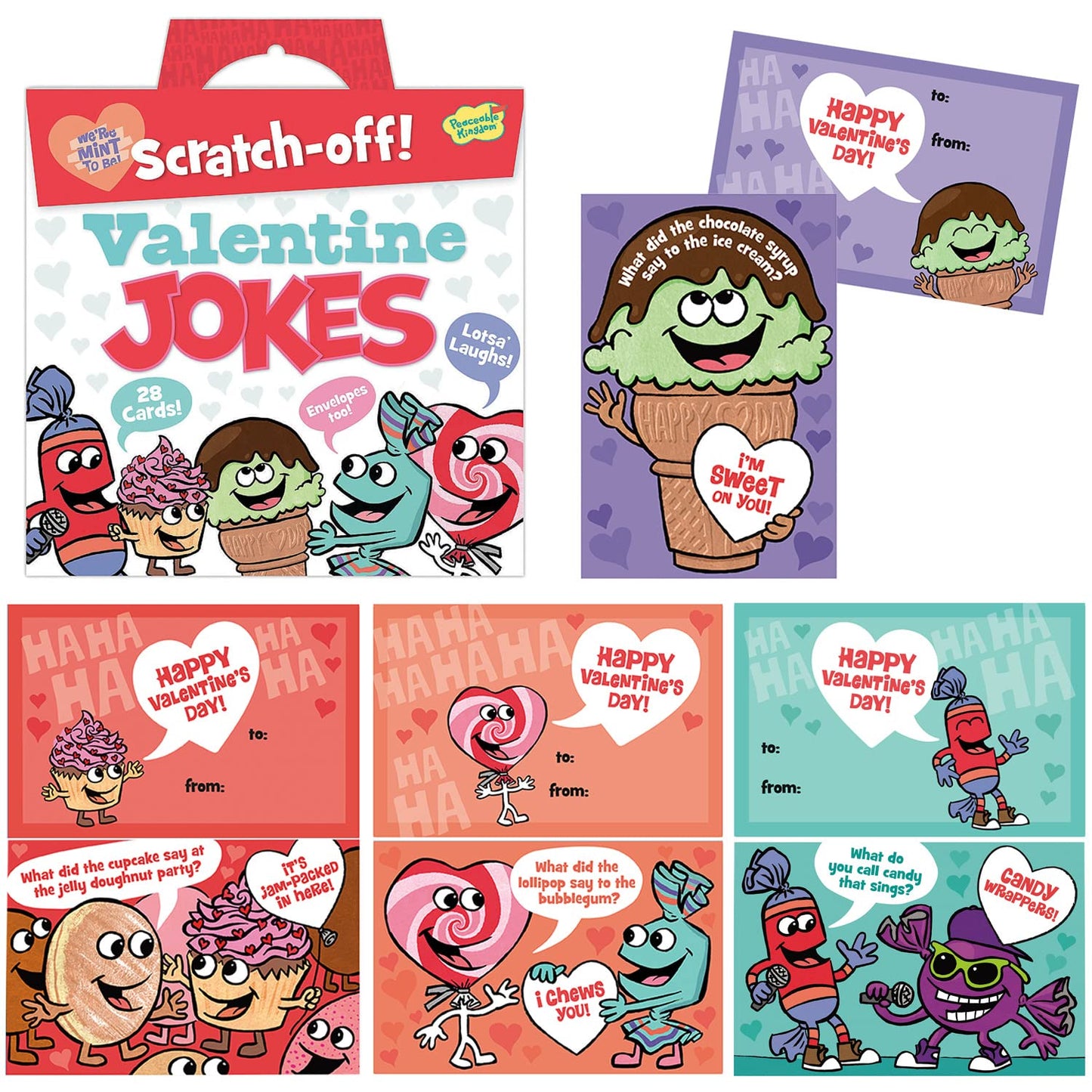 Peaceable Kingdom Valentines Cards for Kids, Set of 28 Scratch-off Jokes, Multicolor