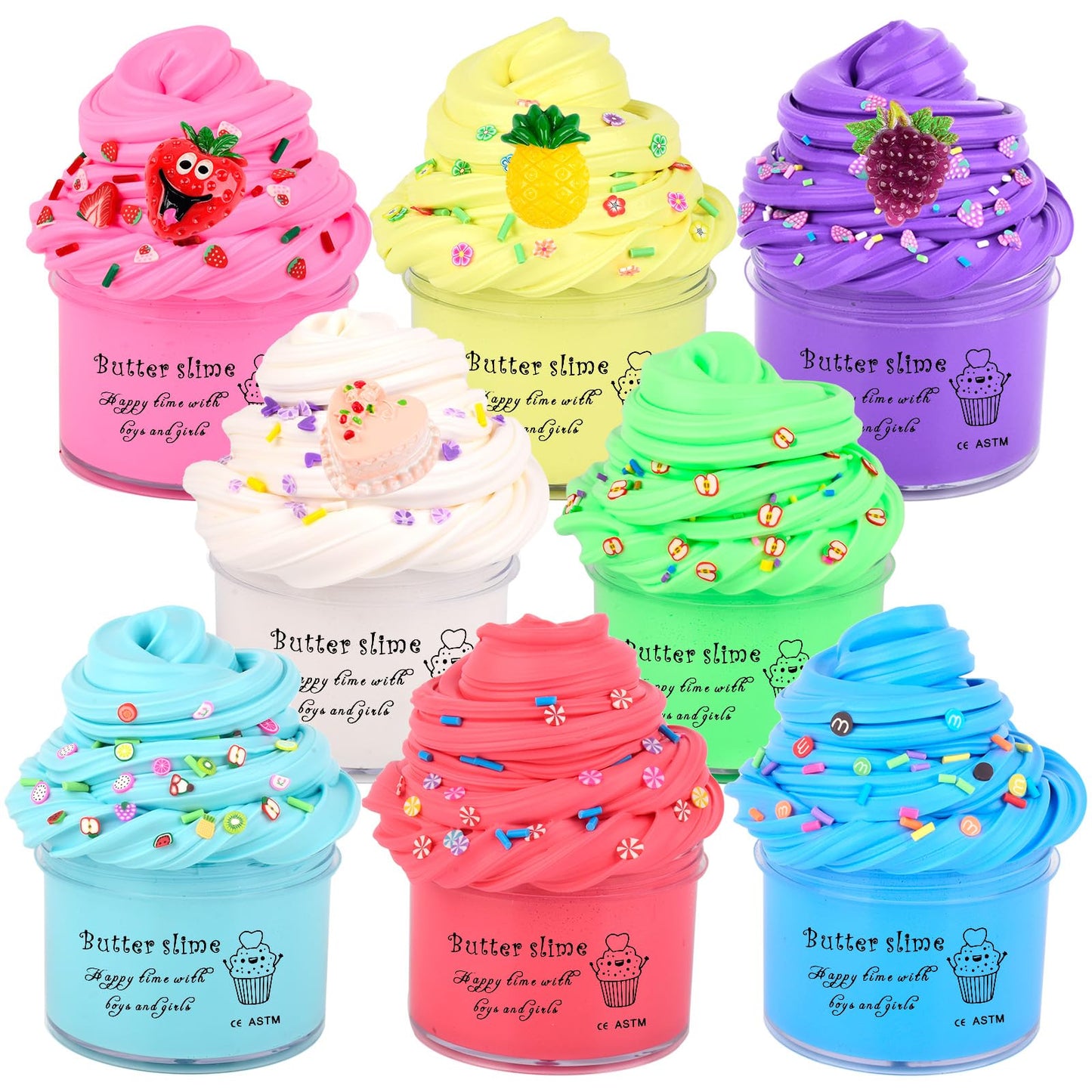 Butte Slime Kit Mini 8 Pack Party Favor For Kids,Strawberry, Grape, Pineapple Cake Charms,Color And Texture Experience,Stress Re