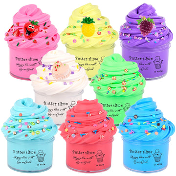 Butte Slime Kit Mini 8 Pack Party Favor For Kids,Strawberry, Grape, Pineapple Cake Charms,Color And Texture Experience,Stress Re