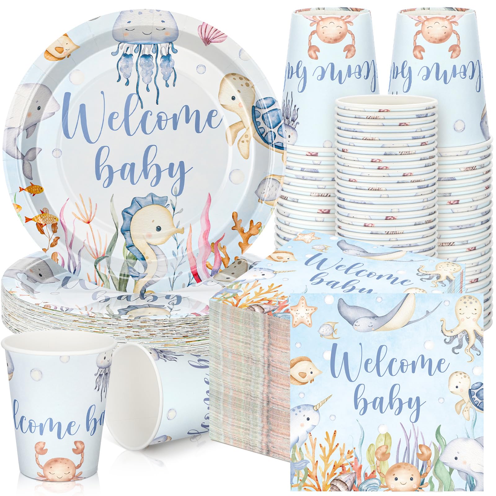 Hushee 200 Pcs Under the Sea Baby Shower Paper Plates Napkins Cups Baby Shower Party Supplies Tableware Set Disposable Cup Napki