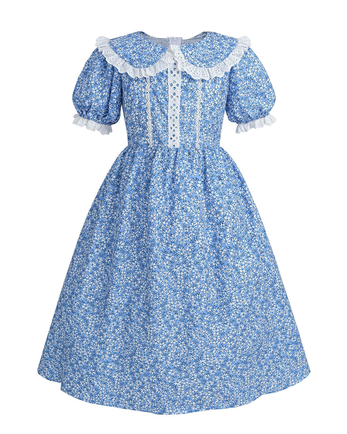 Nuoqi Colonial Costume Girls Prairie Pioneer Dress Laura Ingalls Wilder Costume With Apron Blue, 8-9