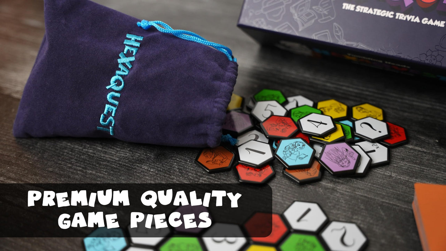 Hexaquest: The Strategic Trivia Board Game – 1500 Questions, 6 Categories, 65 Hexagon Tiles, Premium Bag – Fun, Quick To Learn, Perfect For Game Nights, Families & Parties