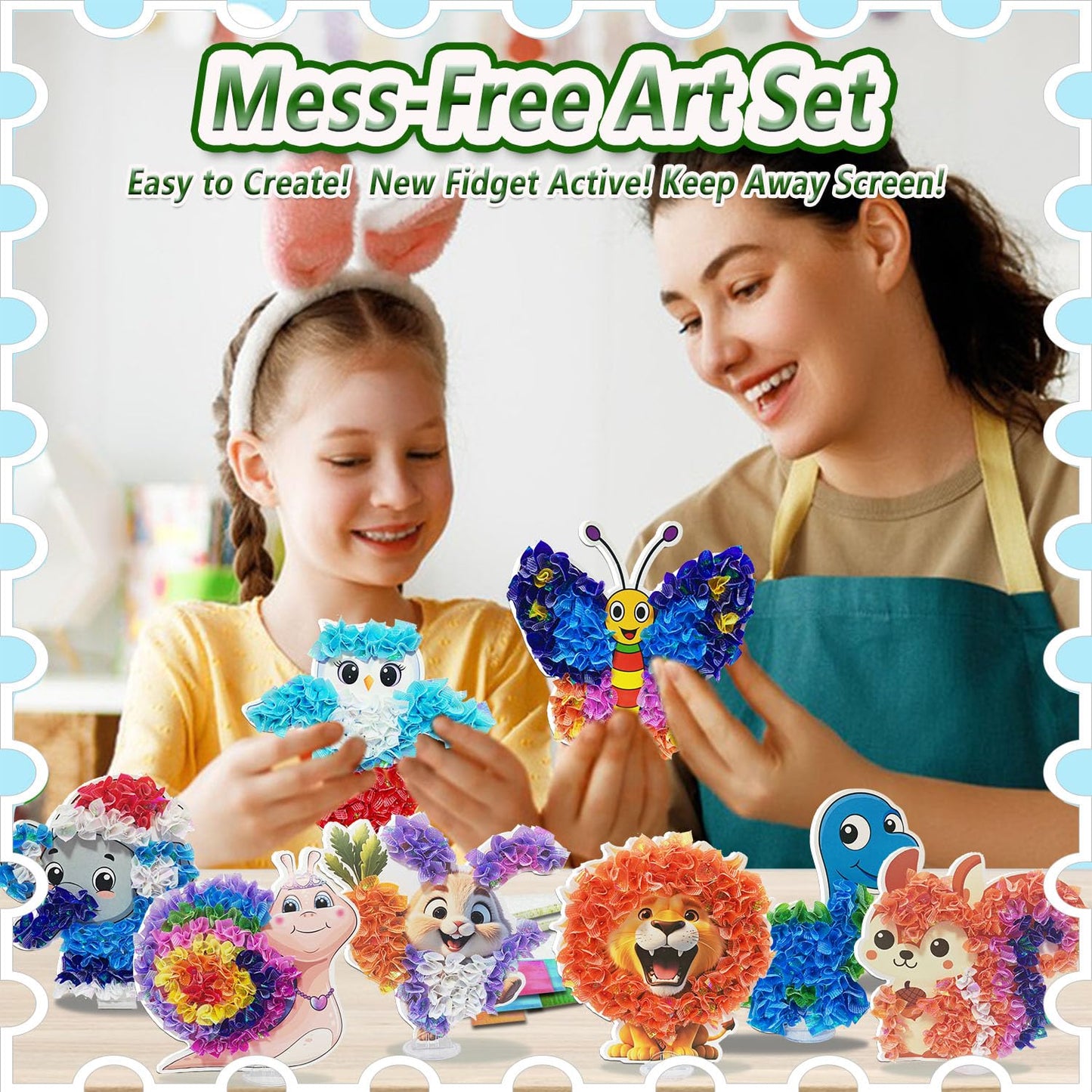 mom&myaboys Poke A Dot Art Kit - Animals Theme with Snail, Lion, Owl, Squirrel, Butterfly | No-Mess Sewing Craft for Kids Ages 4