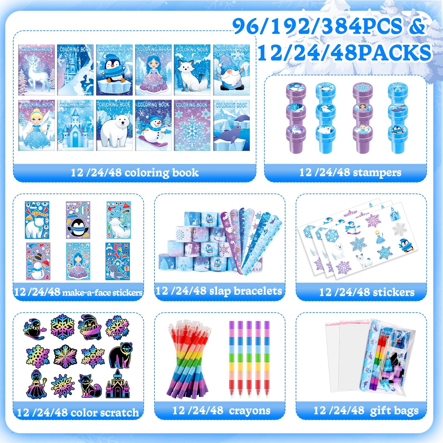 BenLouis 192pcs Frozen Party Favors Set for Kids Winter Snowflake Coloring Book Christmas School Classroom Gift Reward Prize Cra
