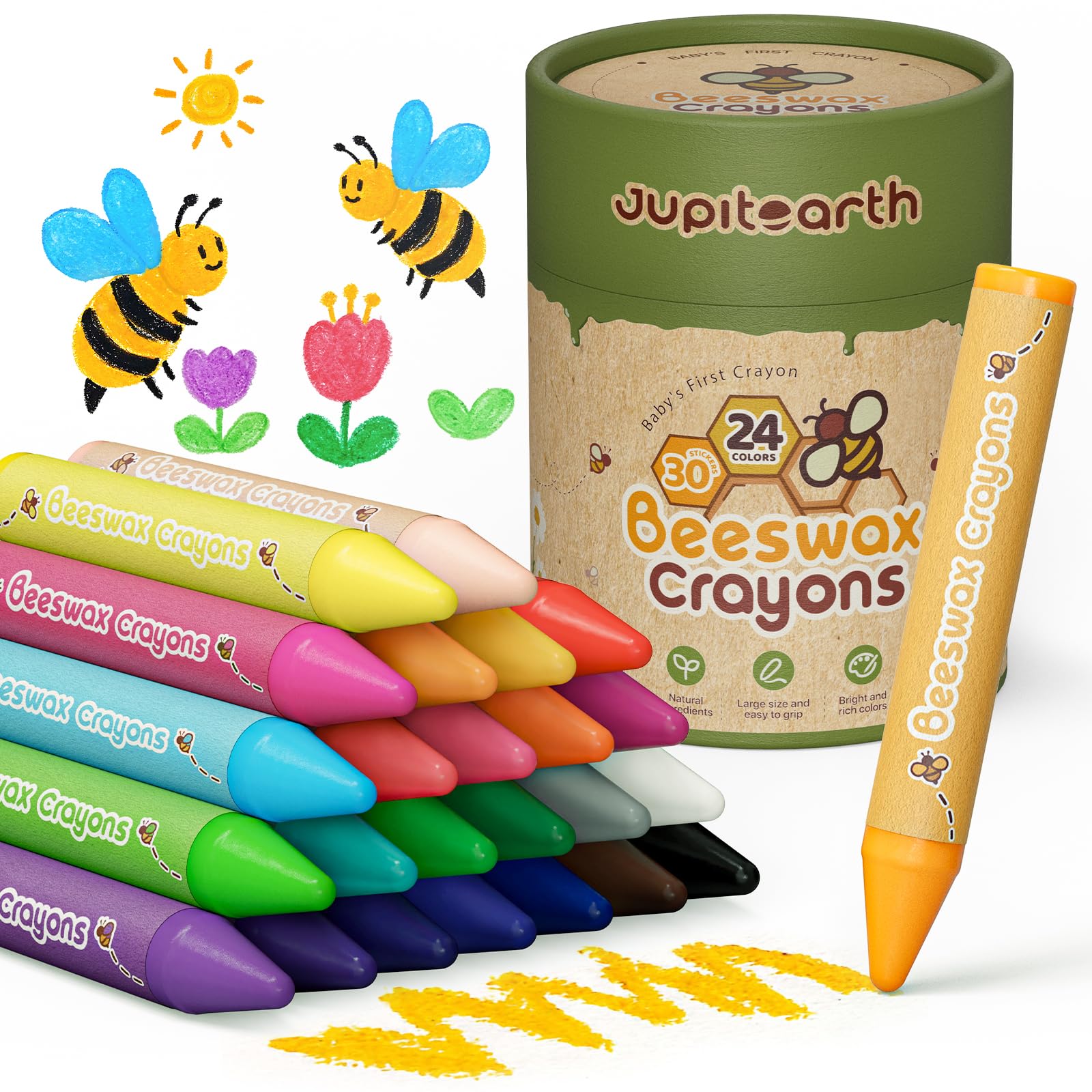JUPITEARTH 24 Non-Toxic Beeswax Crayons, Jumbo Crayons for Toddlers 1-3, Silky & Washable, Easy to Hold & Safe for Kids, Mess-Fr