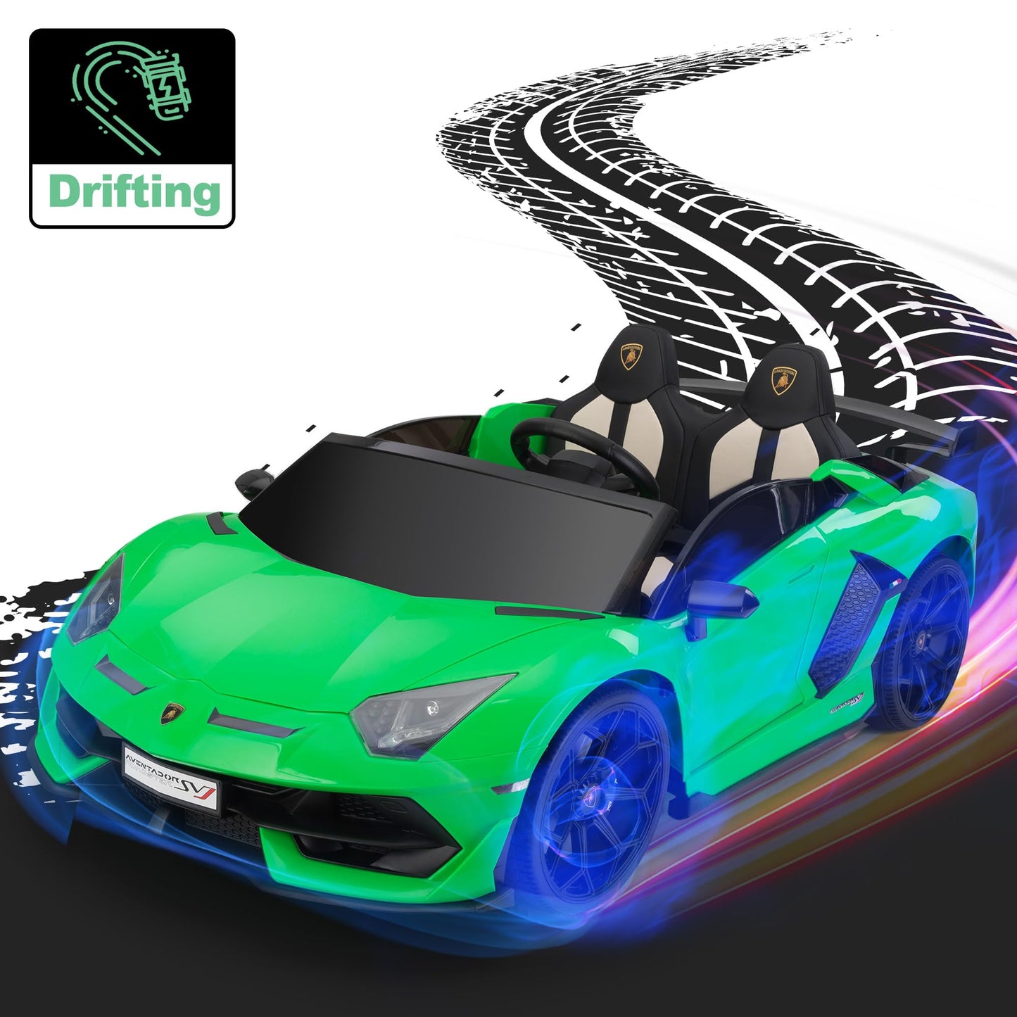 2-Seater Ride On Car 24V Electric Lamborghini For Kids High Speed 13Km/H Drift Sports Car With Pu Leather Seats W/Adjustable Safety Belt, 2 Speeds Mode, Music, Gifts For Children